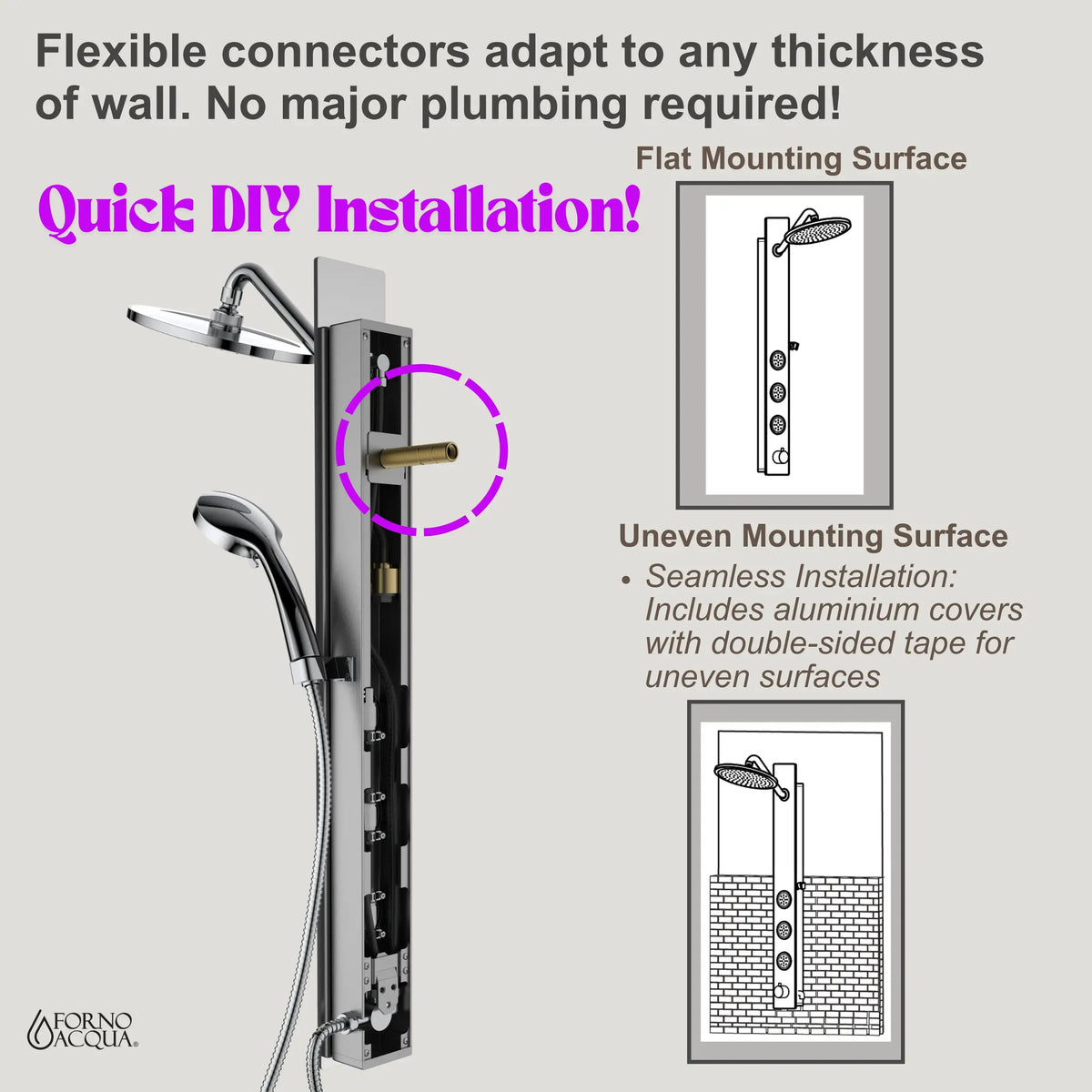 Mirrored stainless steel shower panel with flexible connections and flat mounting