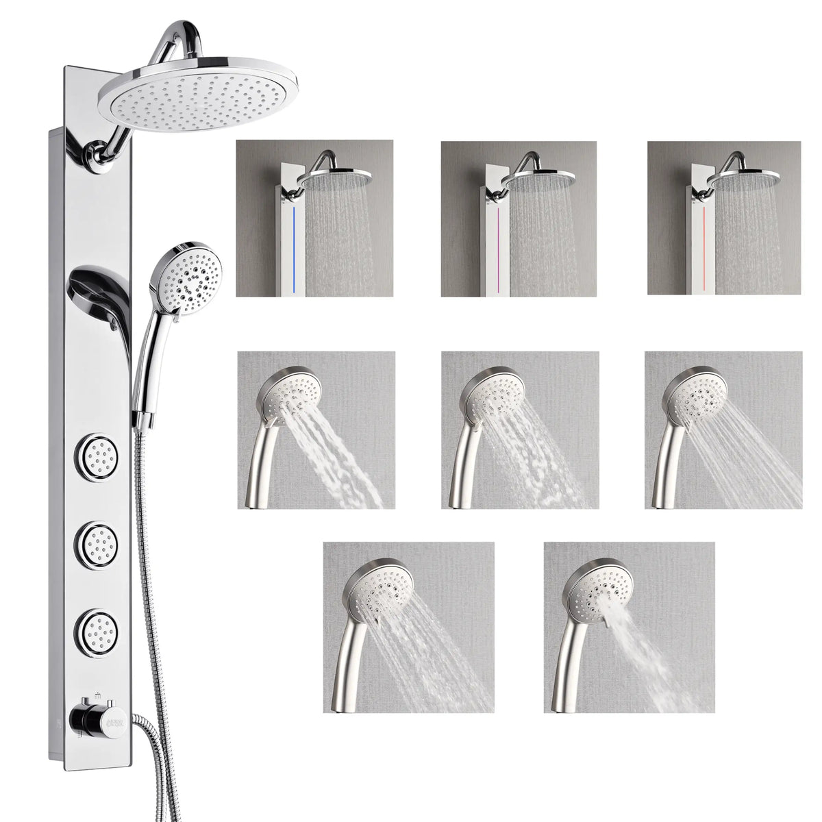 Mirrored stainless steel shower panel with overhead rain head and spray settings