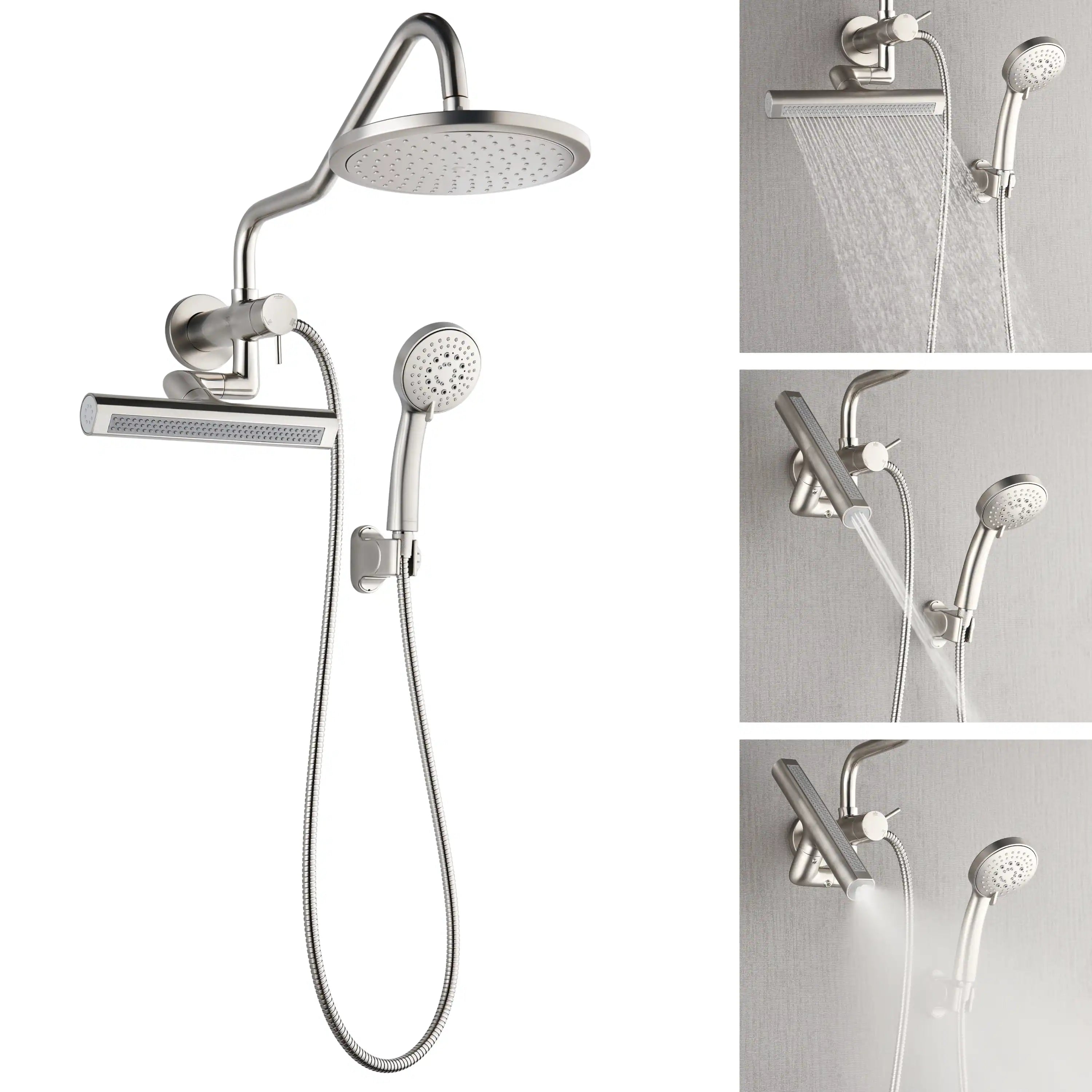 Brushed nickel rainfall shower head kit with handheld sprayer, wall bracket