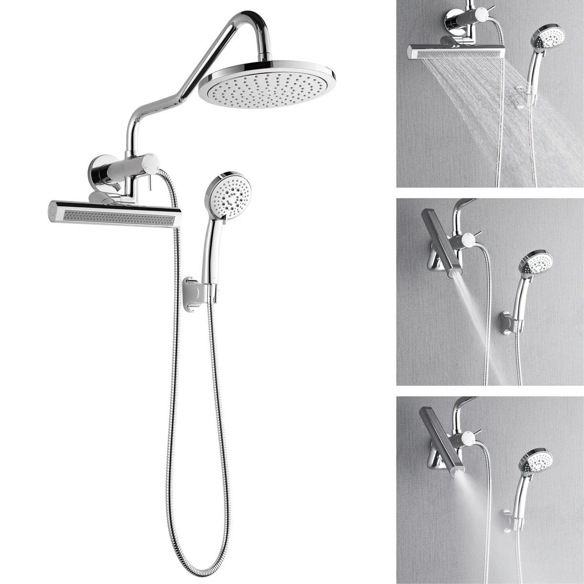 Polished stainless steel rainfall shower set with handheld sprayer, wall controls, jets