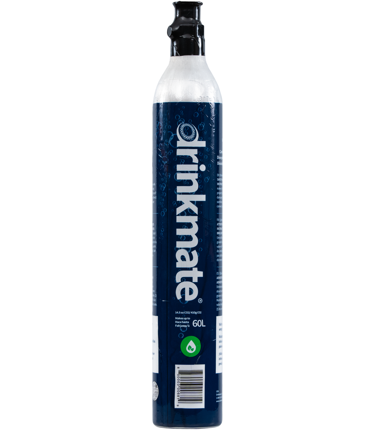 Drinkmate CO2 refill cylinder with blue label, 60L, silver body and black valve cap