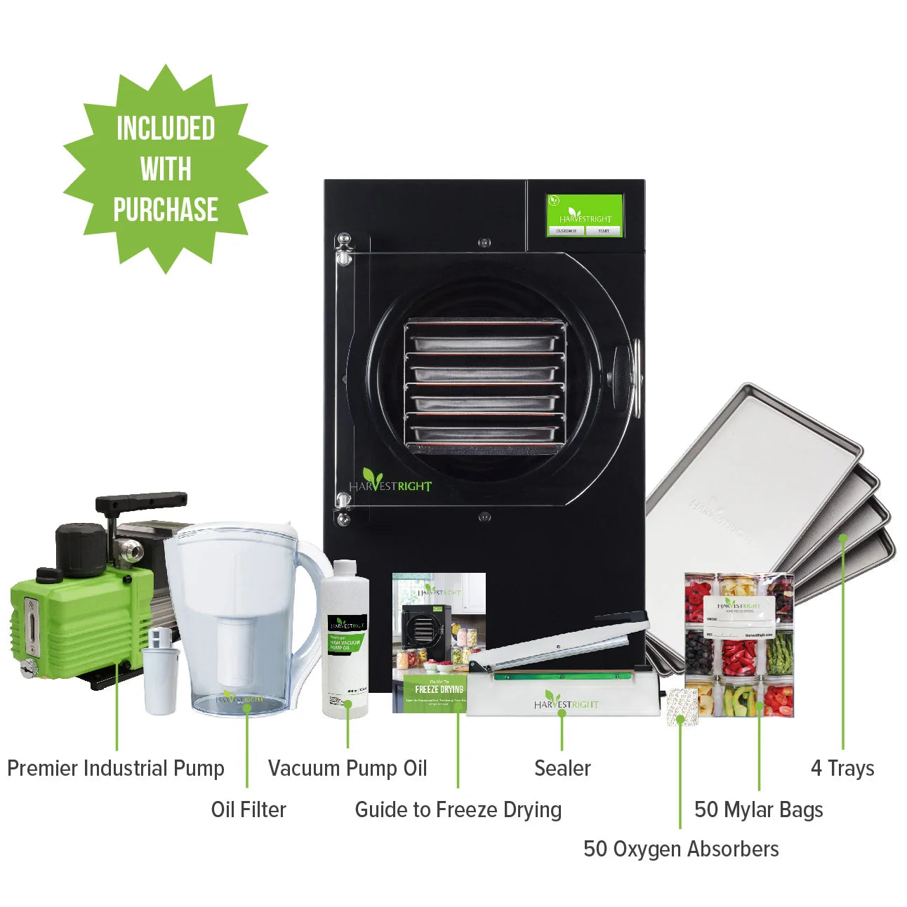 Home freeze dryer starter kit with black unit, four trays, vacuum pump and bags