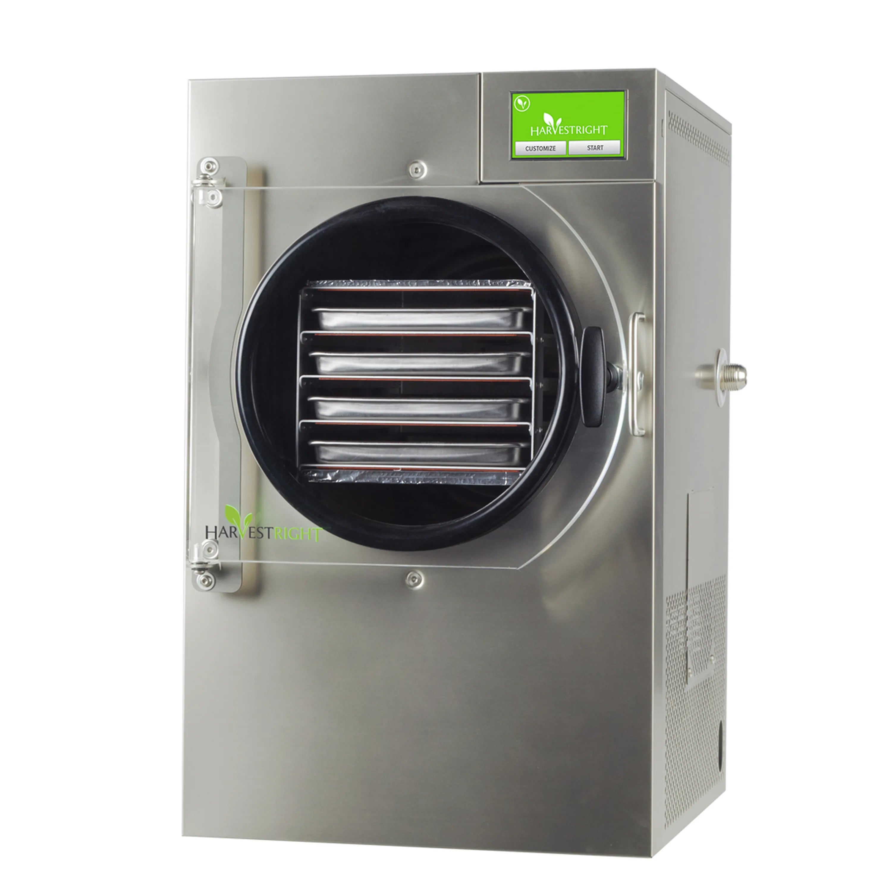Stainless steel freeze dryer with round door window, handle, and black loading chamber