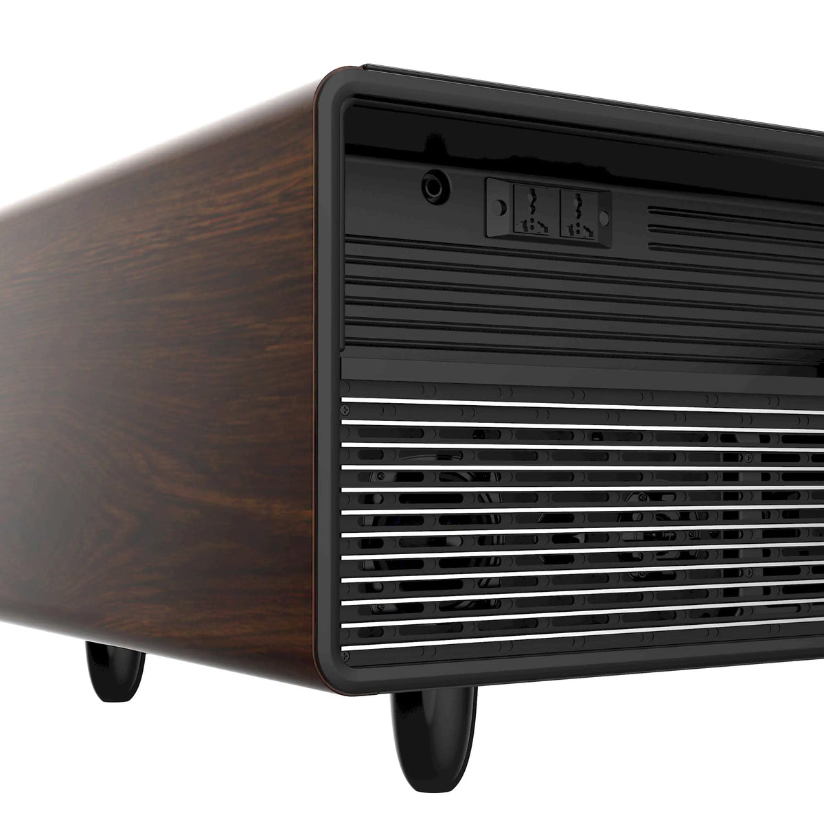 Smart coffee table refrigerator side with wood accent, control panel icons, vent grille