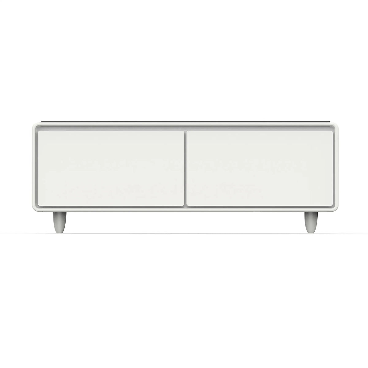 White smart coffee table with two front drawers and silver base feet