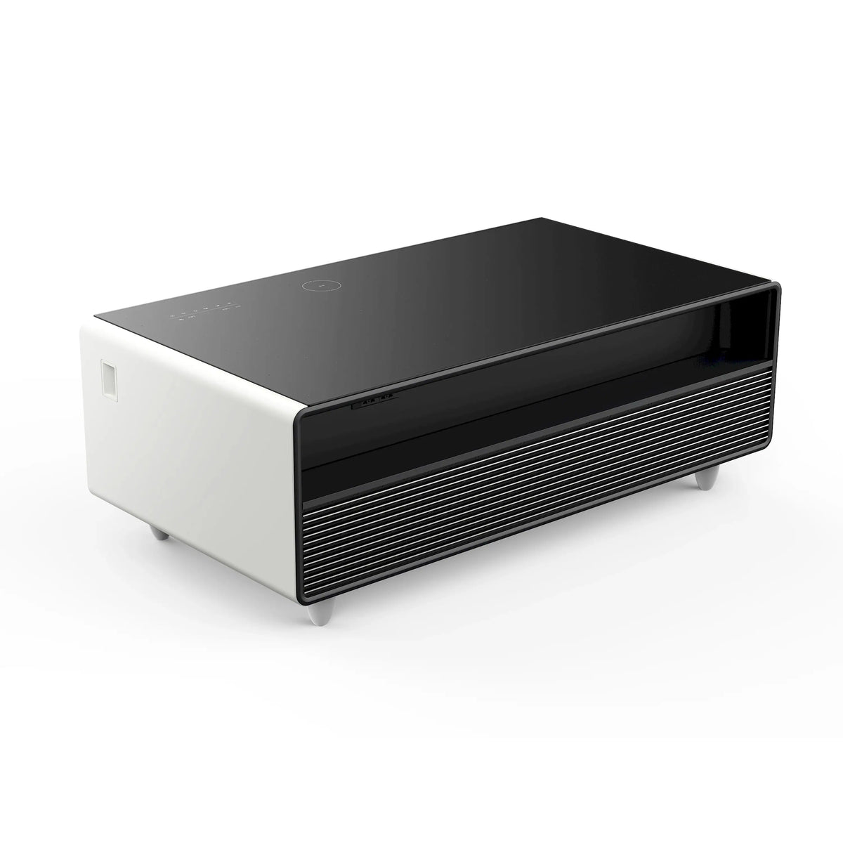 White smart coffee table front-left view with black tabletop and grille vent