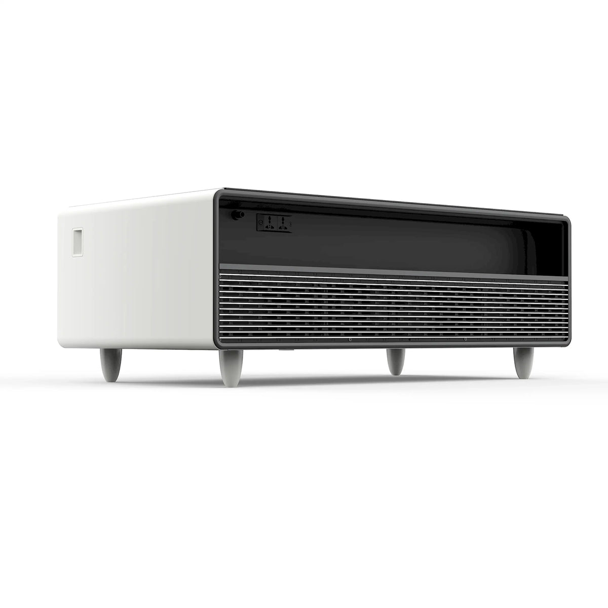 White smart coffee table front with black ventilation grille under the tabletop