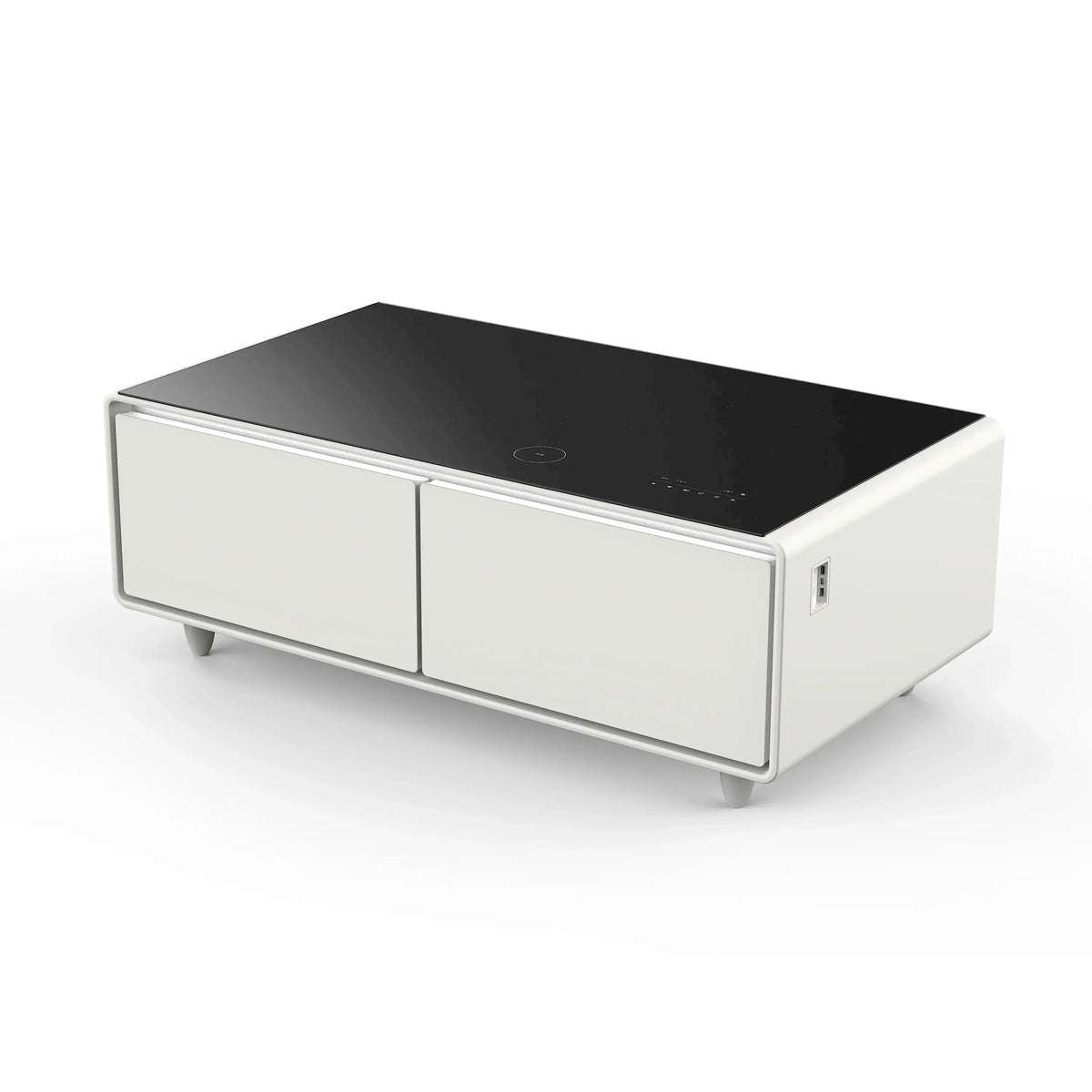 White smart coffee table with two front drawers and black tabletop