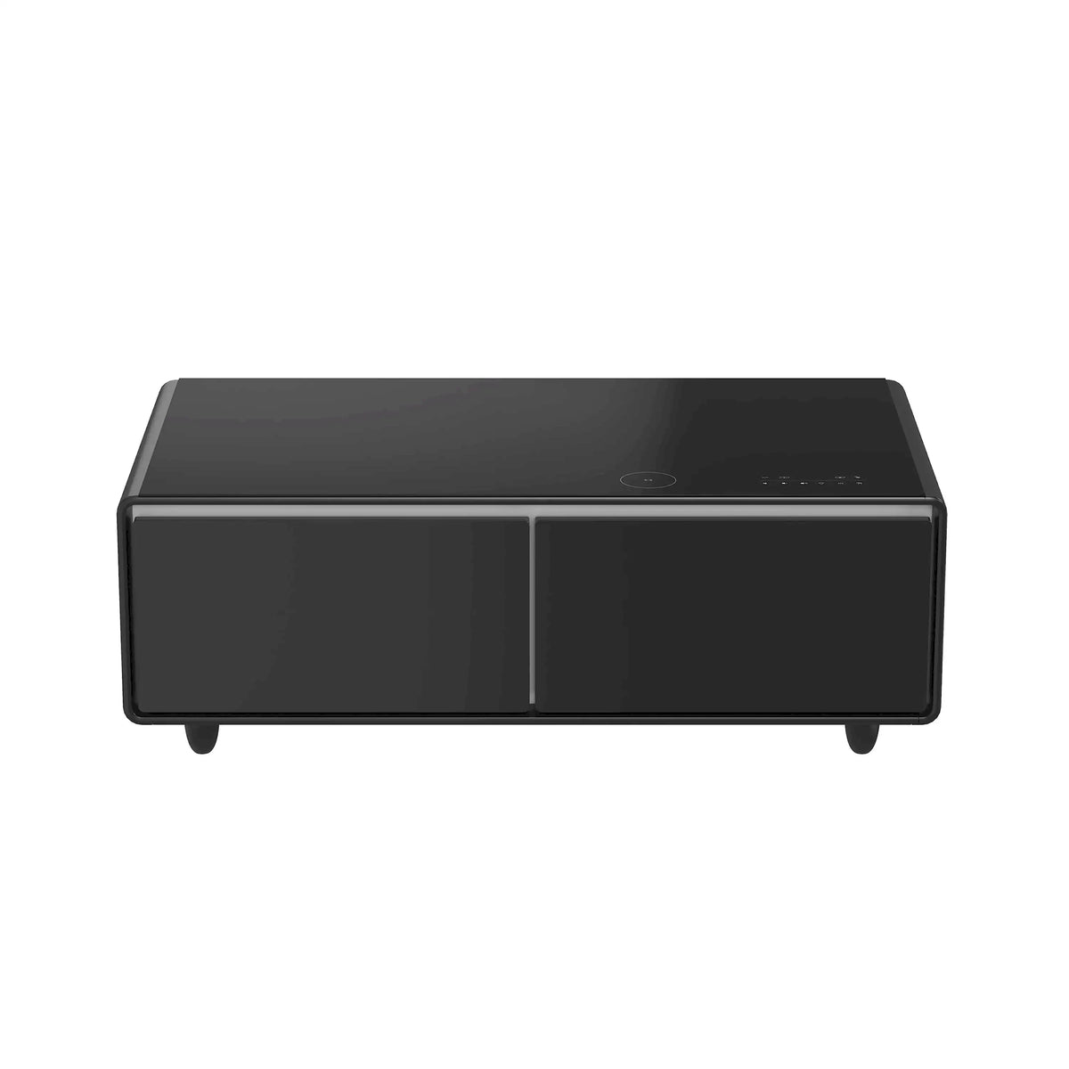 Black smart coffee table with two closed front drawers and slim top edge controls