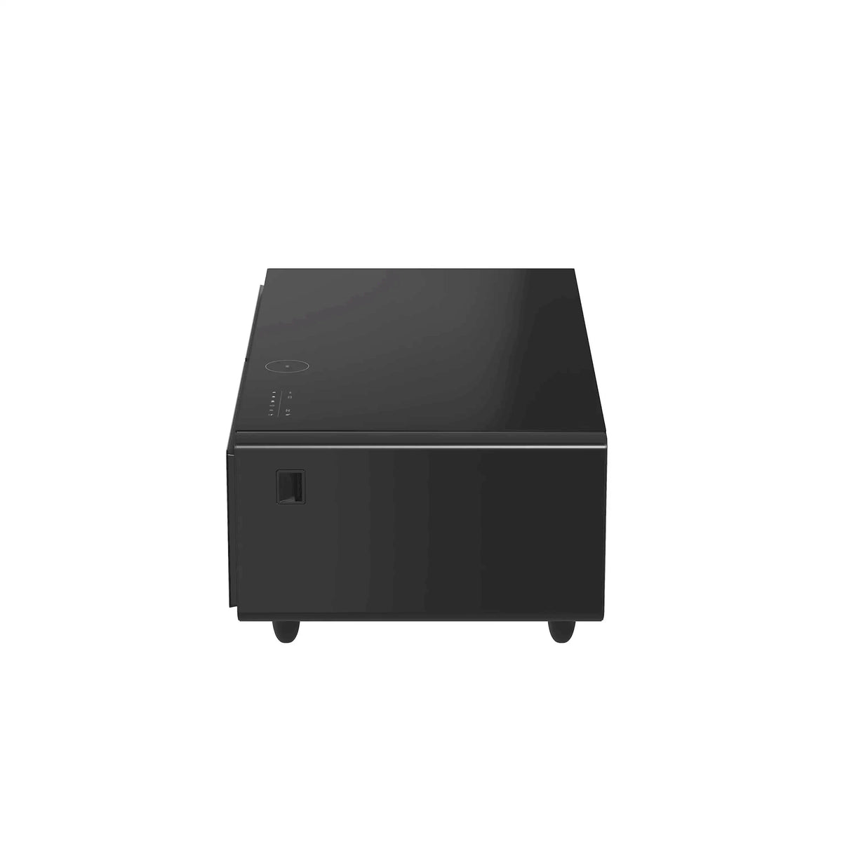 Black smart coffee table side view with open-top drawer side and control buttons