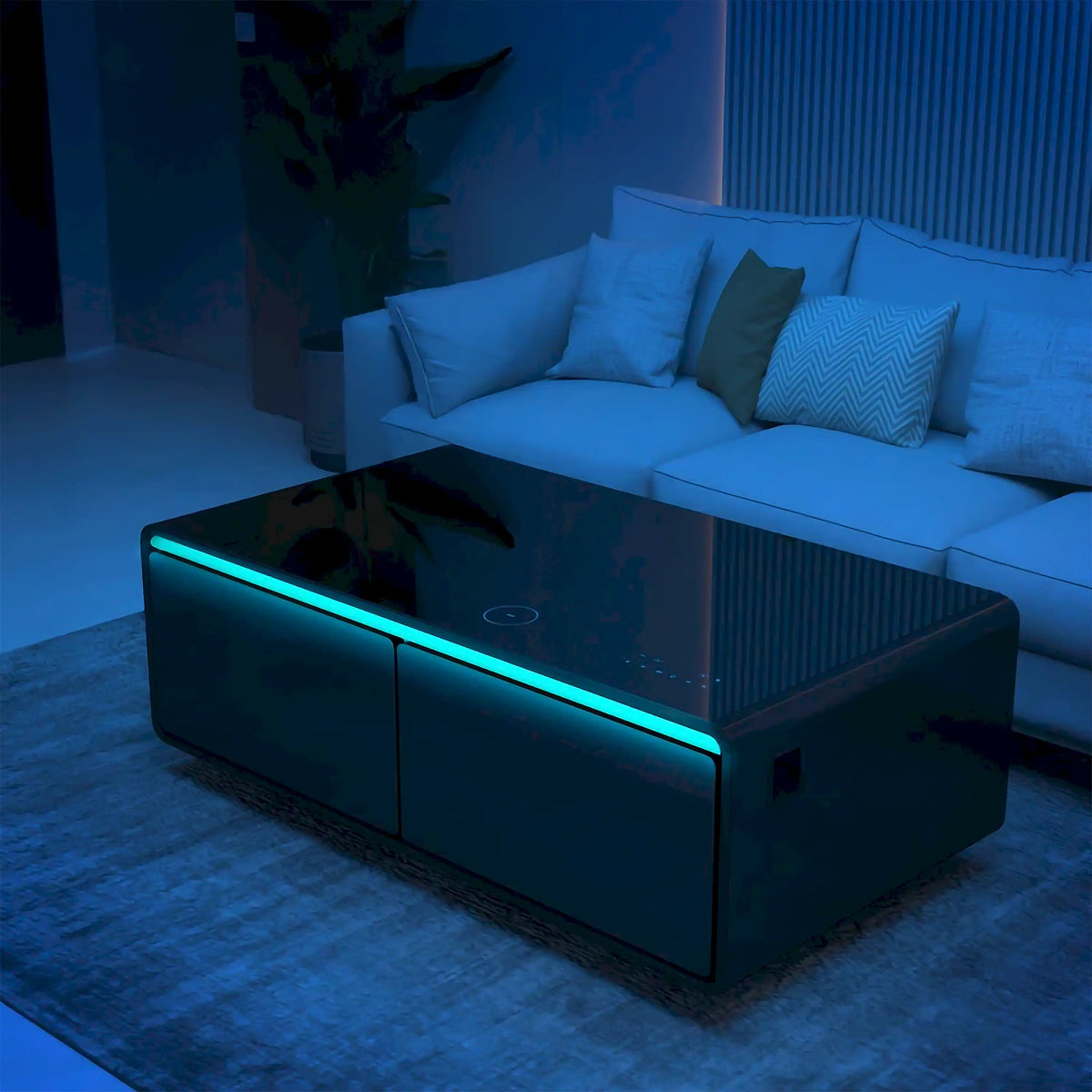 Black smart coffee table refrigerator with glowing LED light strip and two drawers