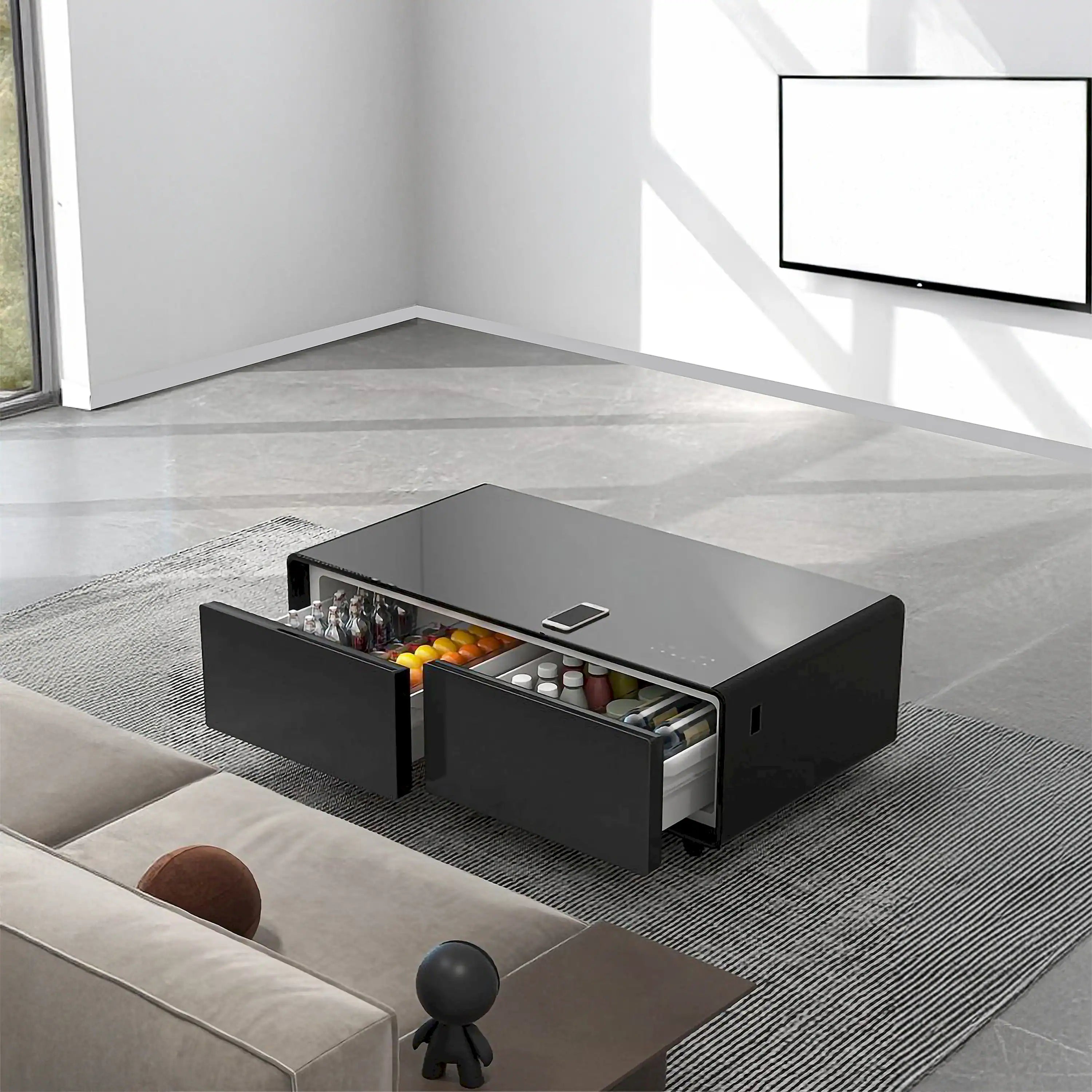 Black smart coffee table with both drawers open, showing drinks and shelves