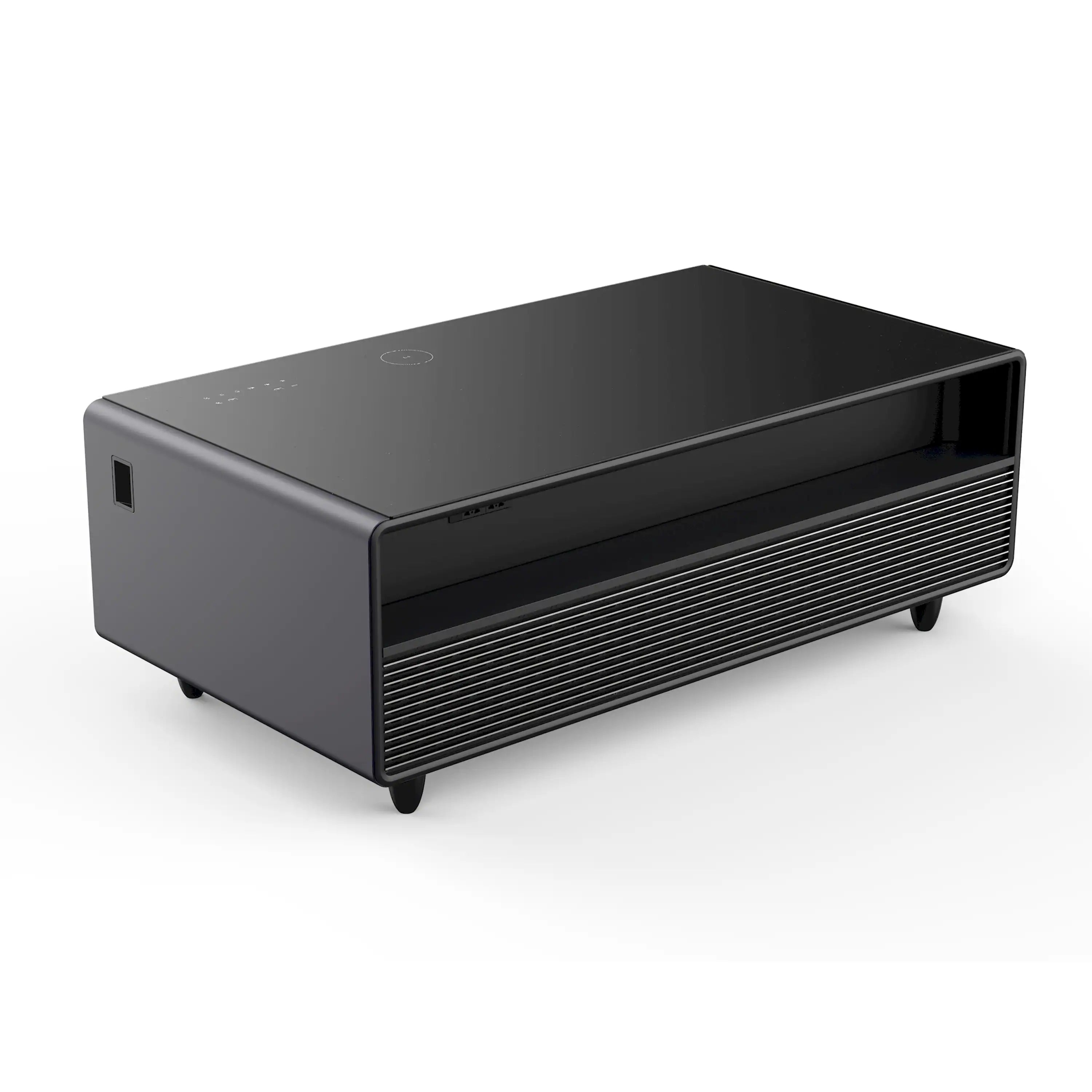 Black smart coffee table refrigerator with open cooling grille and four short legs