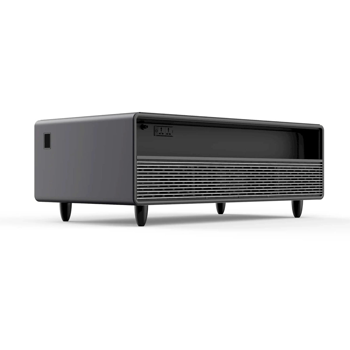 Black smart coffee table refrigerator with front vent grille and four pedestal legs