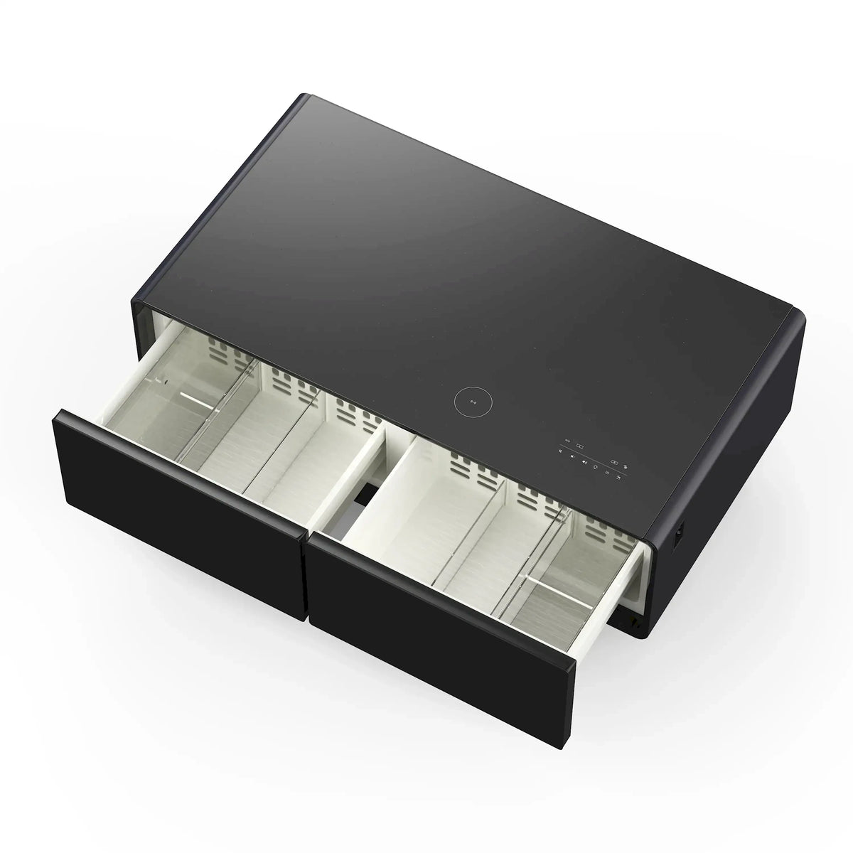 Black smart coffee table refrigerator with open drawers and interior cooling sections