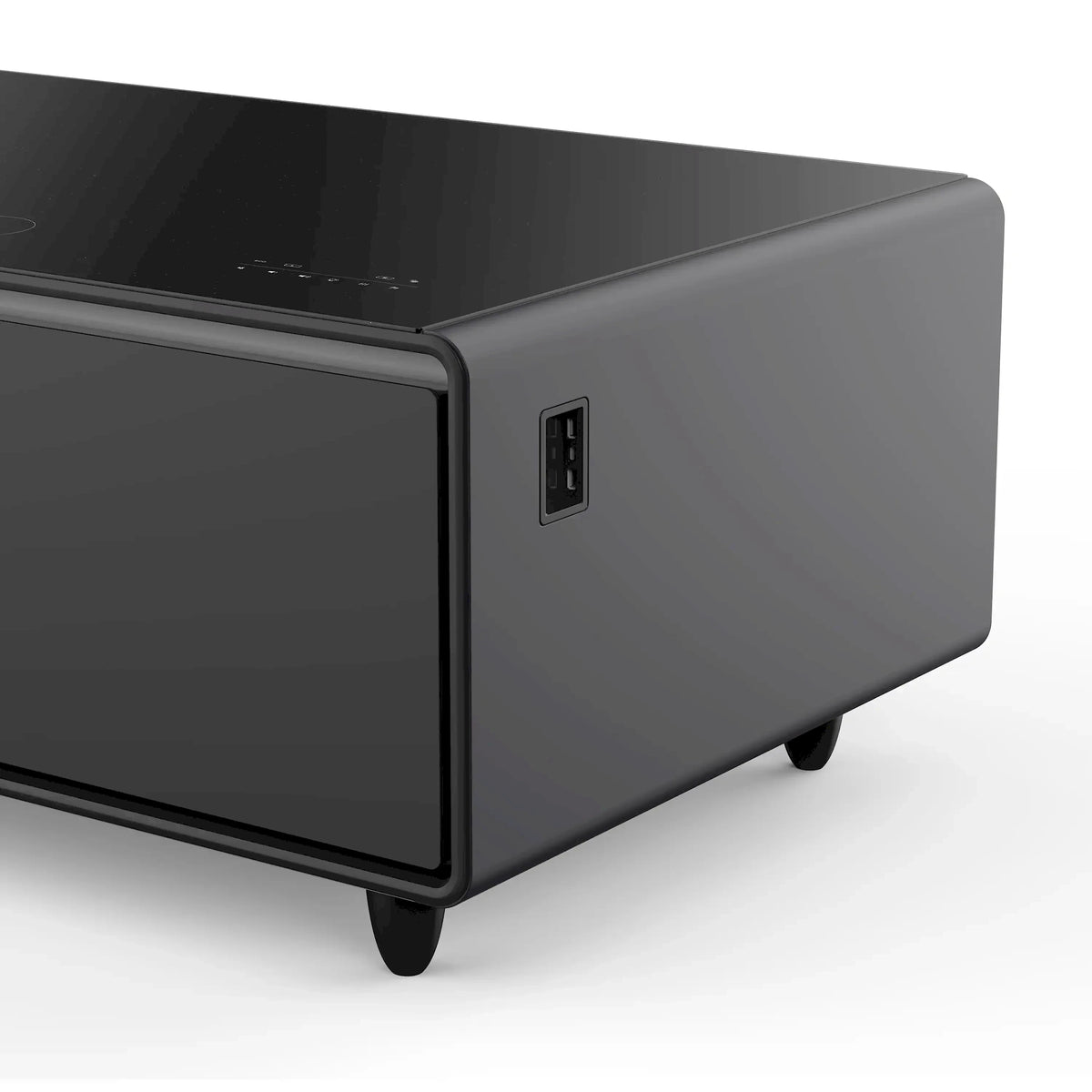 Black smart coffee table refrigerator side view with built-in outlet panel