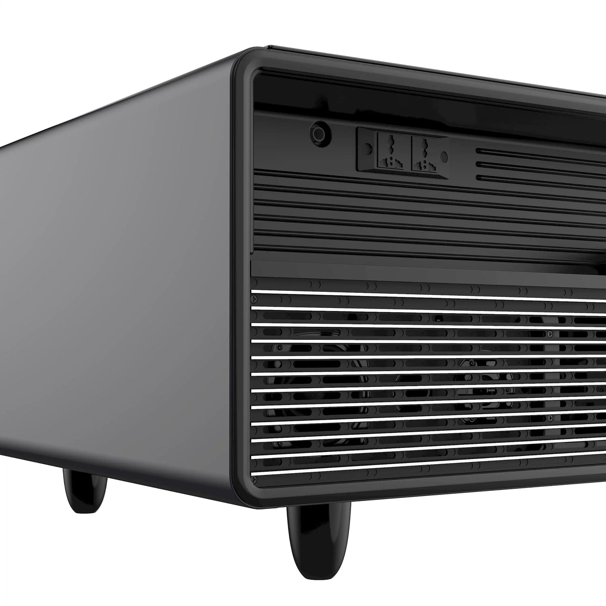 Black smart coffee table refrigerator with open front grille panel and vent slots