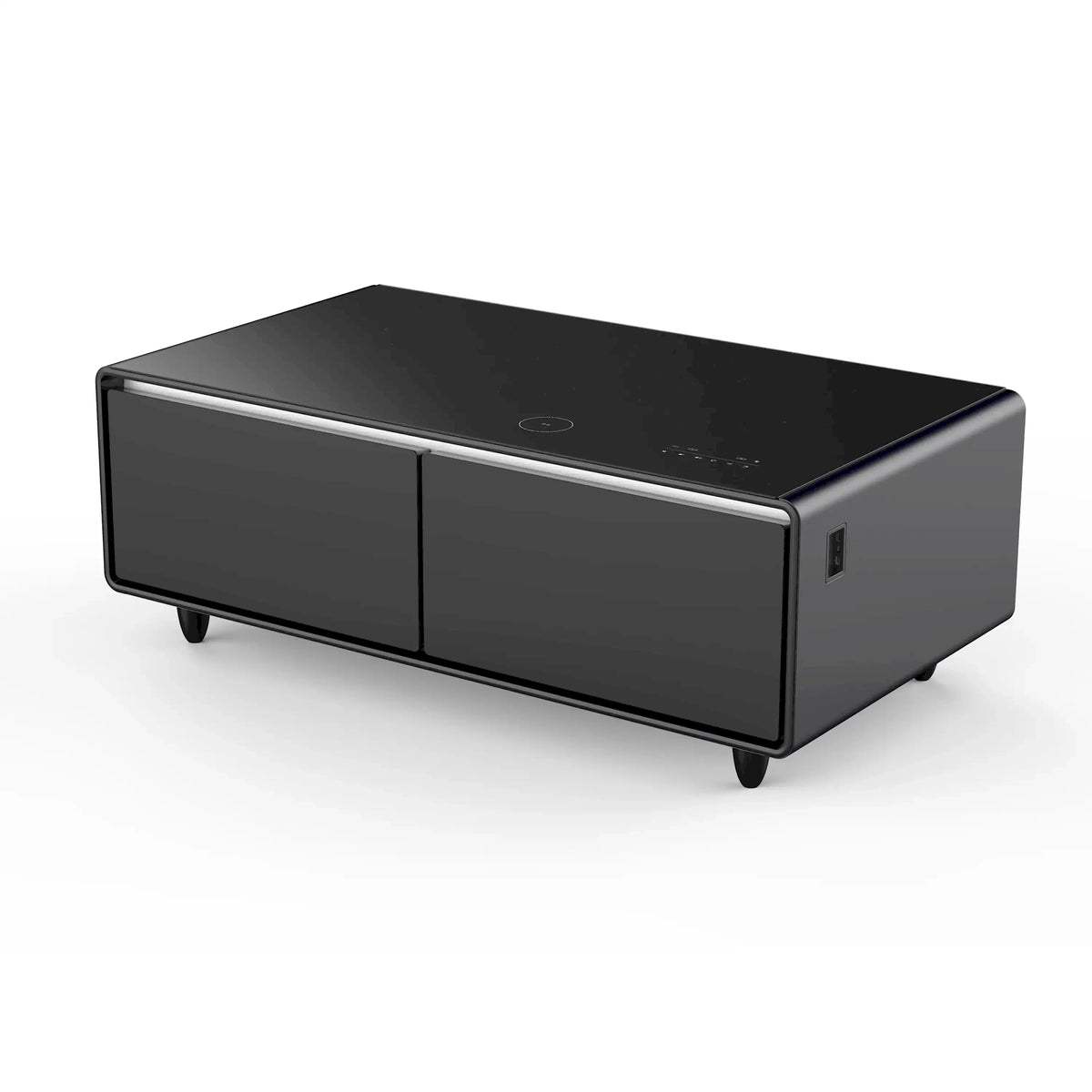 Black smart coffee table refrigerator with two front drawers and glossy top panel