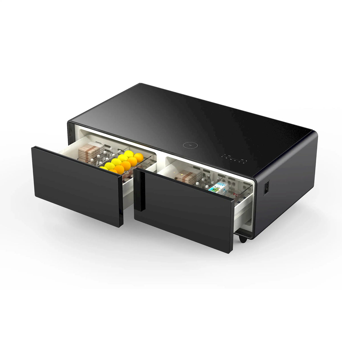 Black smart coffee table refrigerator with open dual drawers showing food inside