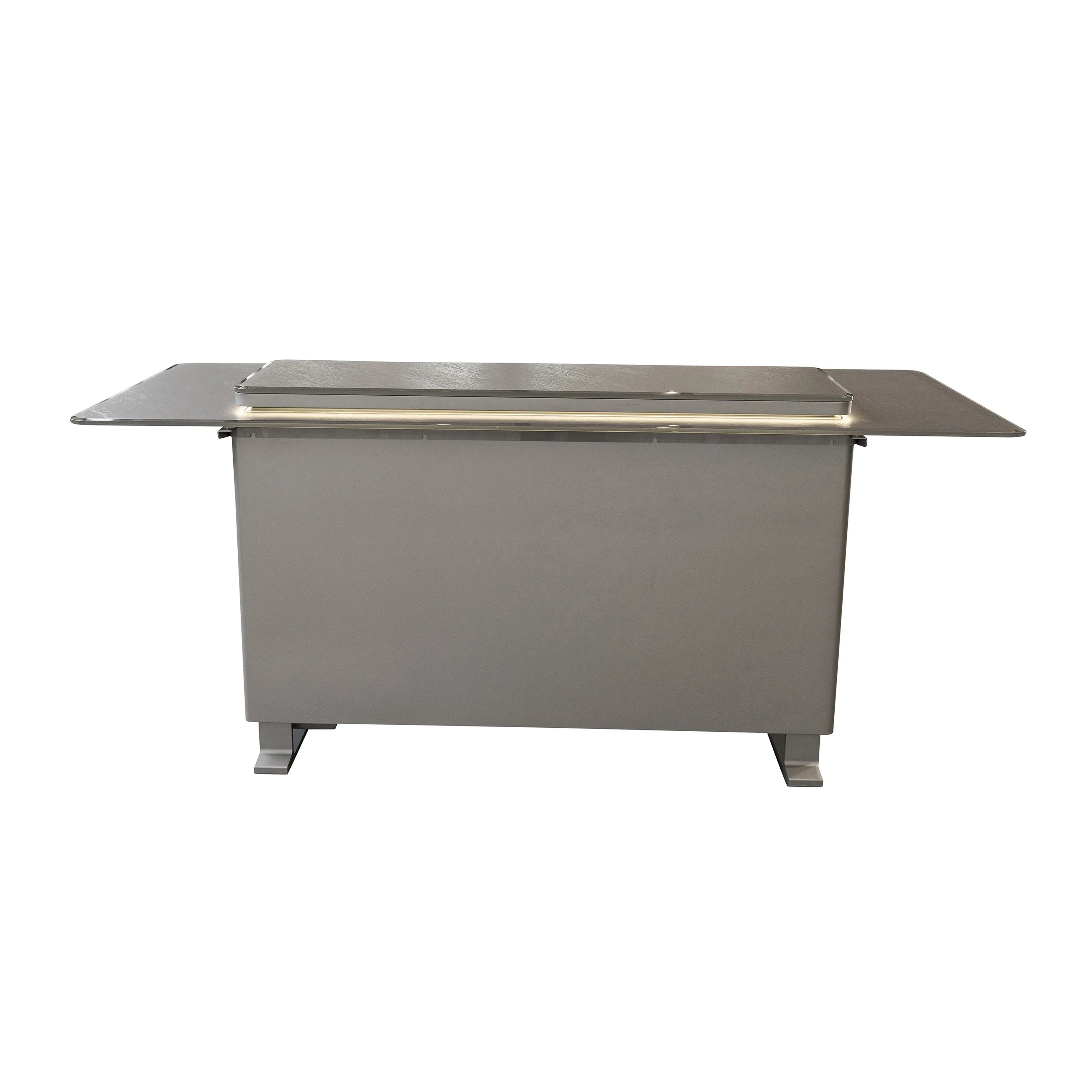 Outdoor bar table with dark cabinet and hinged lid, side prep shelves attached