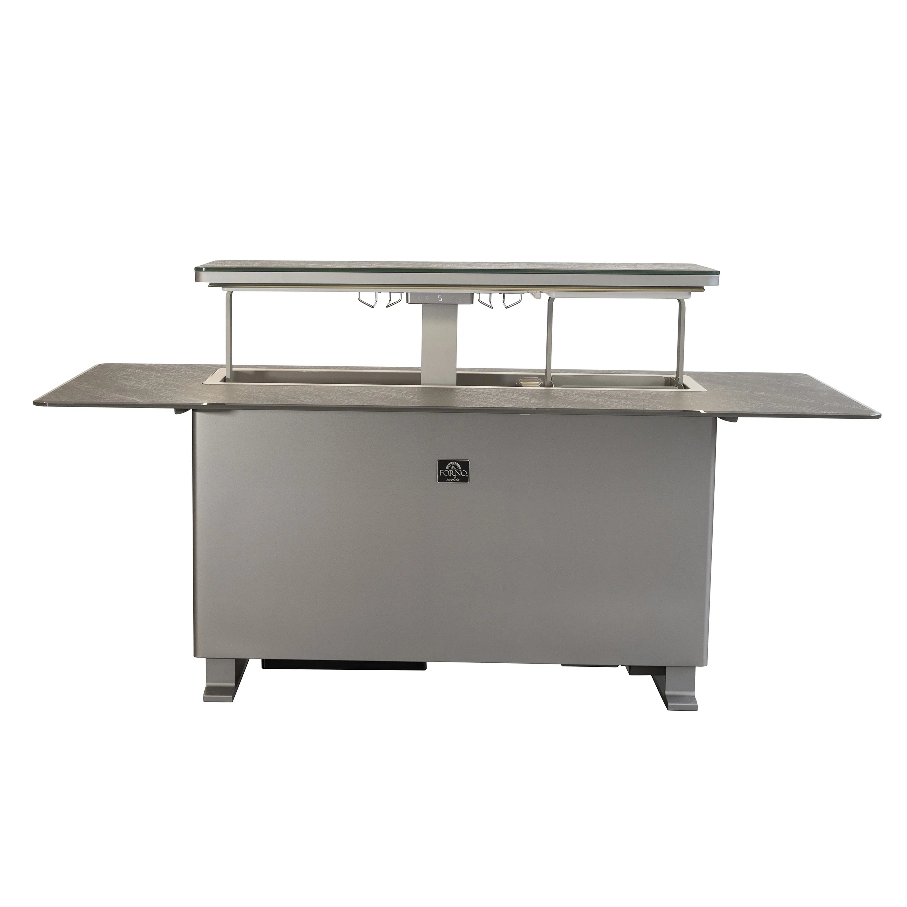 Outdoor bar table with dark cabinet, open prep surface and side ledges