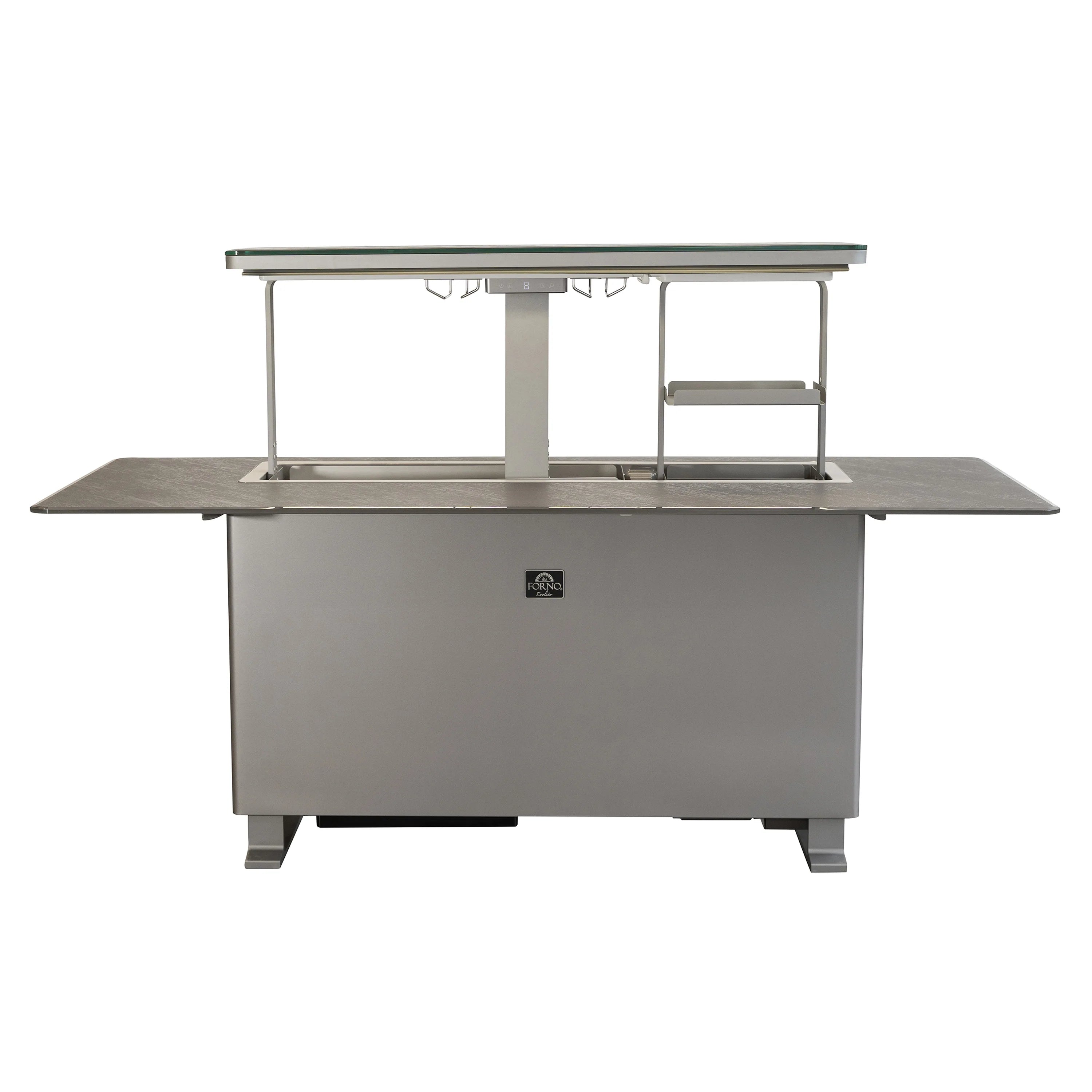 Outdoor bar table with dark cabinet, open countertop and side shelves, closed front