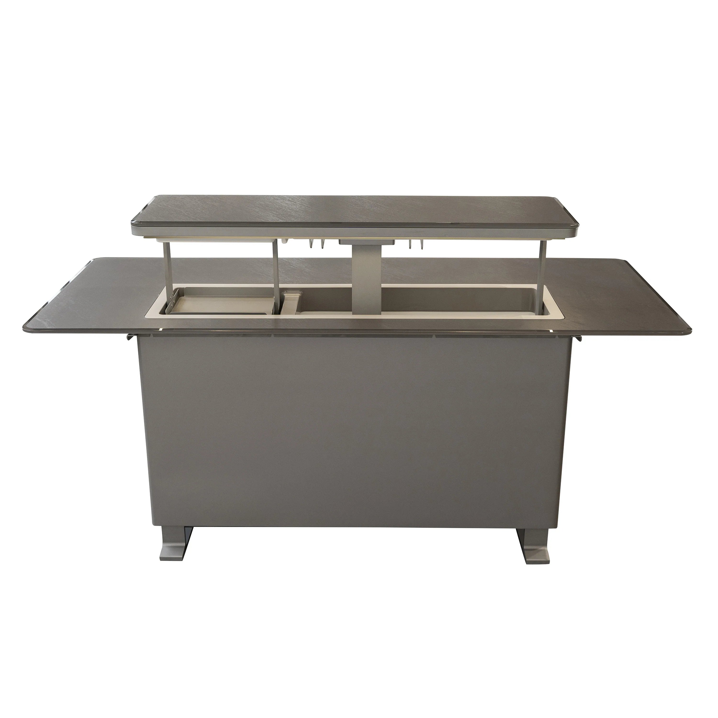 Outdoor bar table with dark cabinet, hinged top and side prep trays, open storage