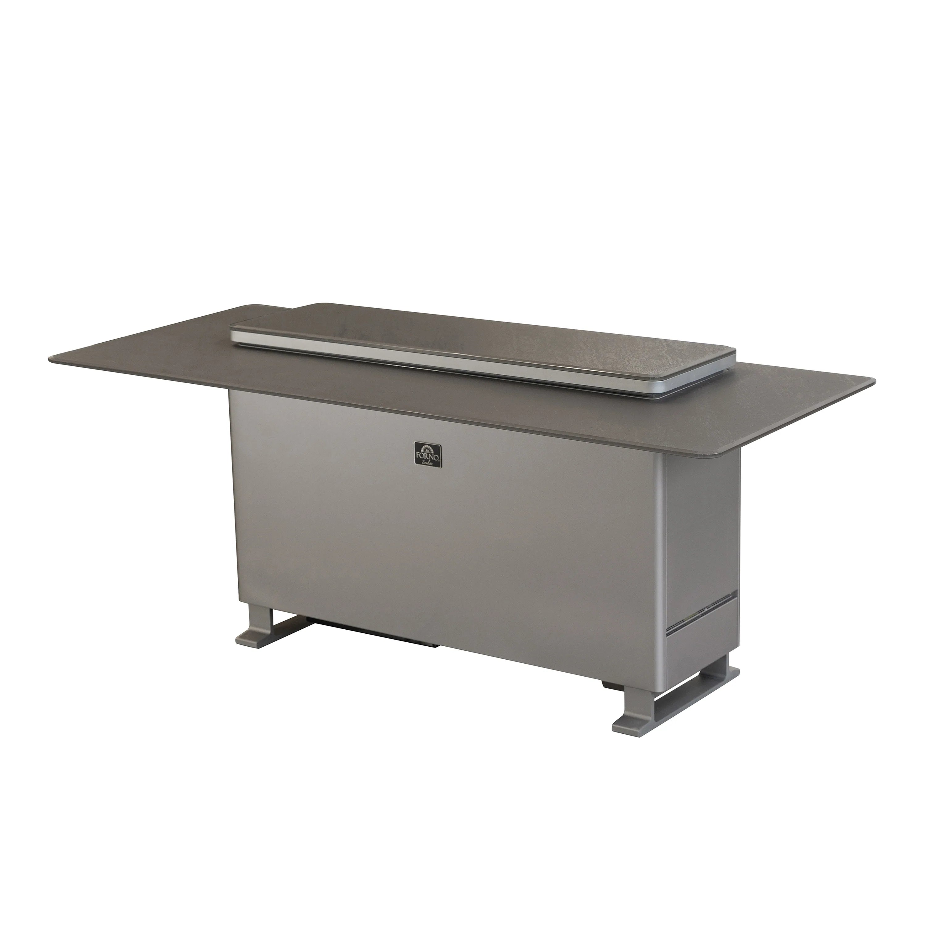 Outdoor smart bar table with sandstone black top, recessed serving lid, and stainless base