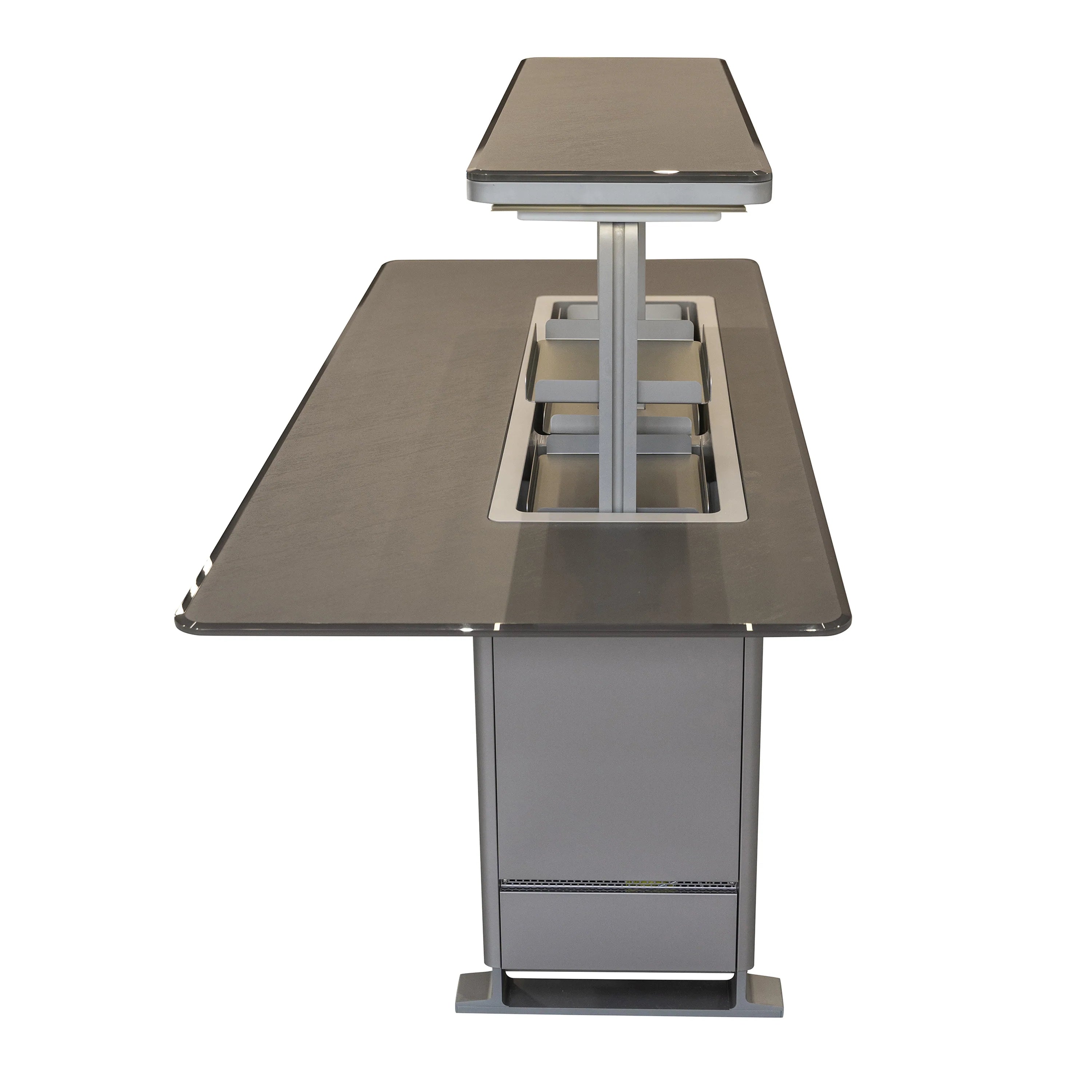 Smart bar table with open top revealing interior shelves in stainless steel