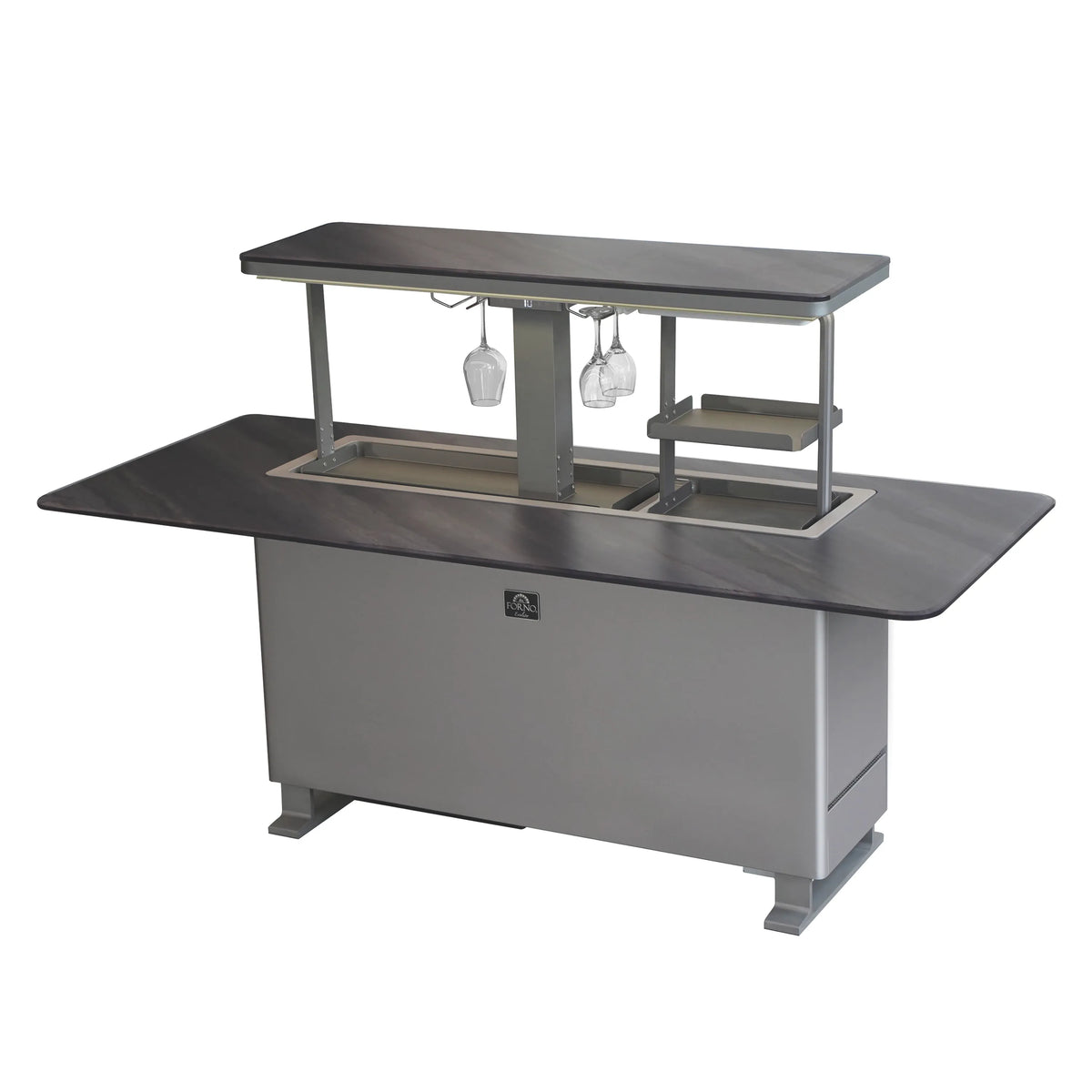 Smart bar table with open lift platform, glass bottle holders, and stainless gray base.