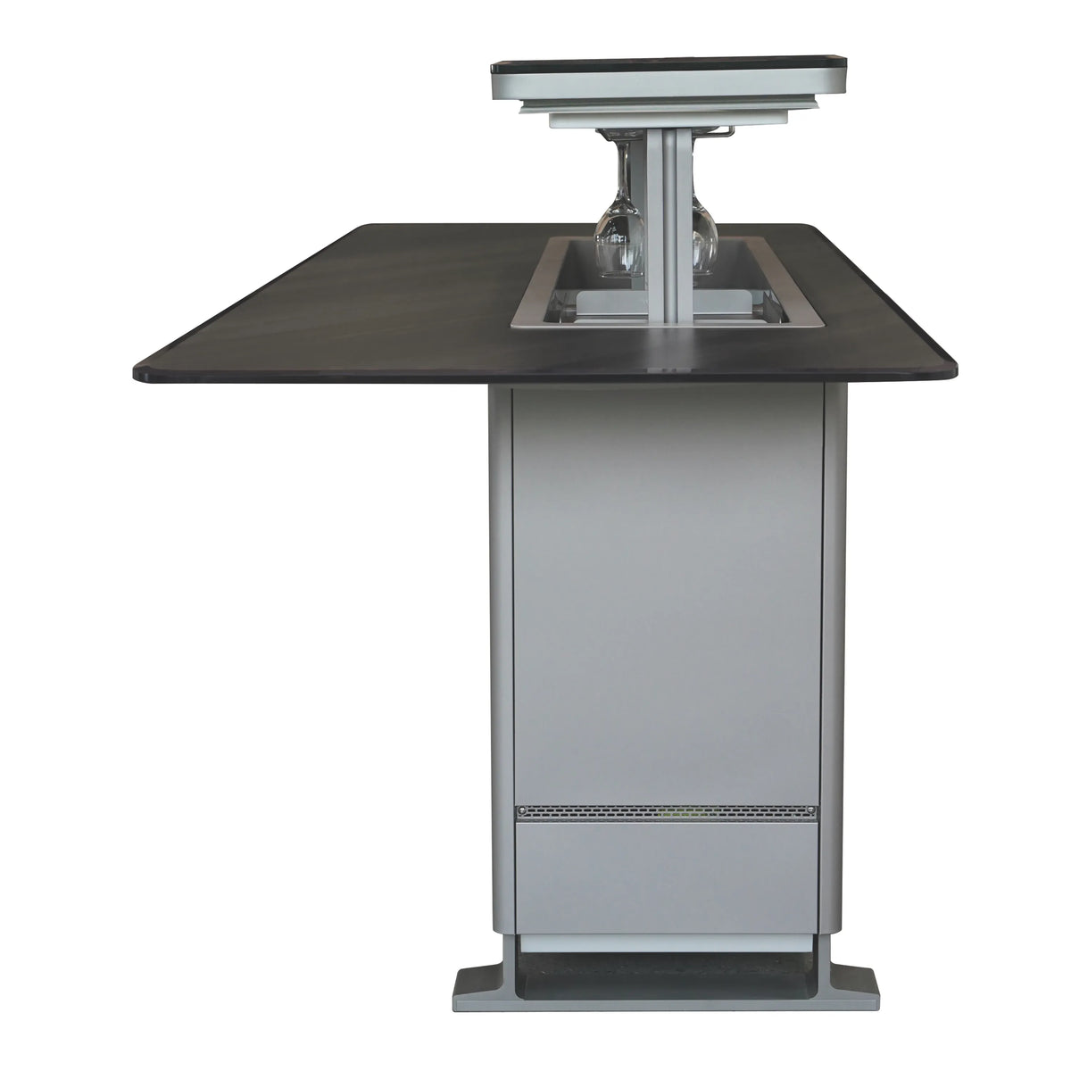 Stainless gray smart bar table with dark split top and raised lift system, front view.
