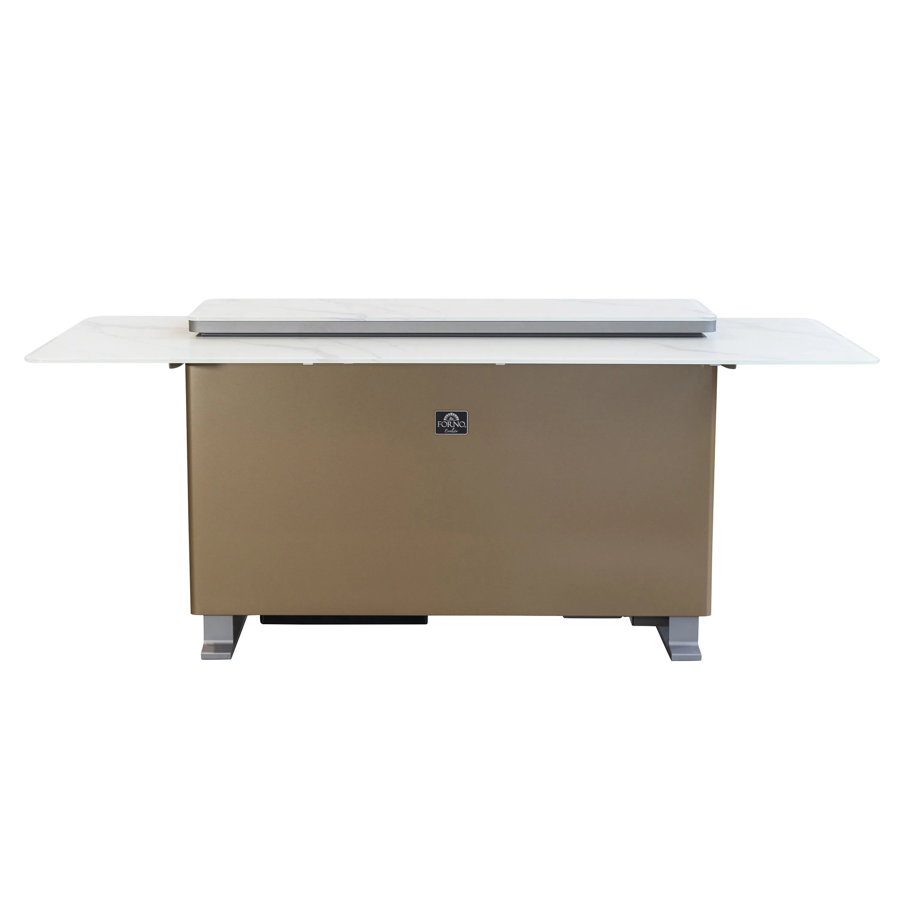 Smart bar table refrigerator in white with brown cabinet and open service top