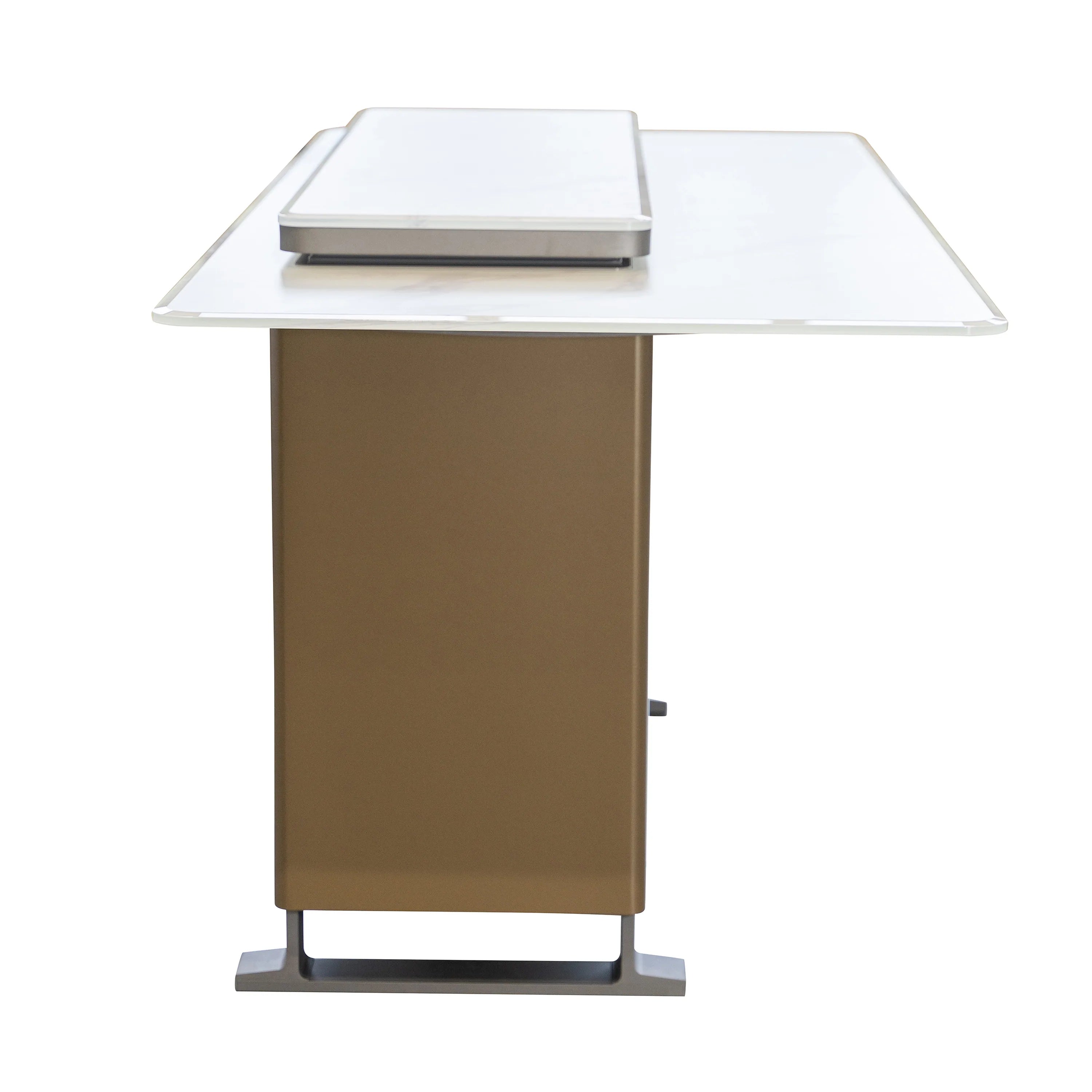 Smart bar table refrigerator with white countertop and bronze door with side handle