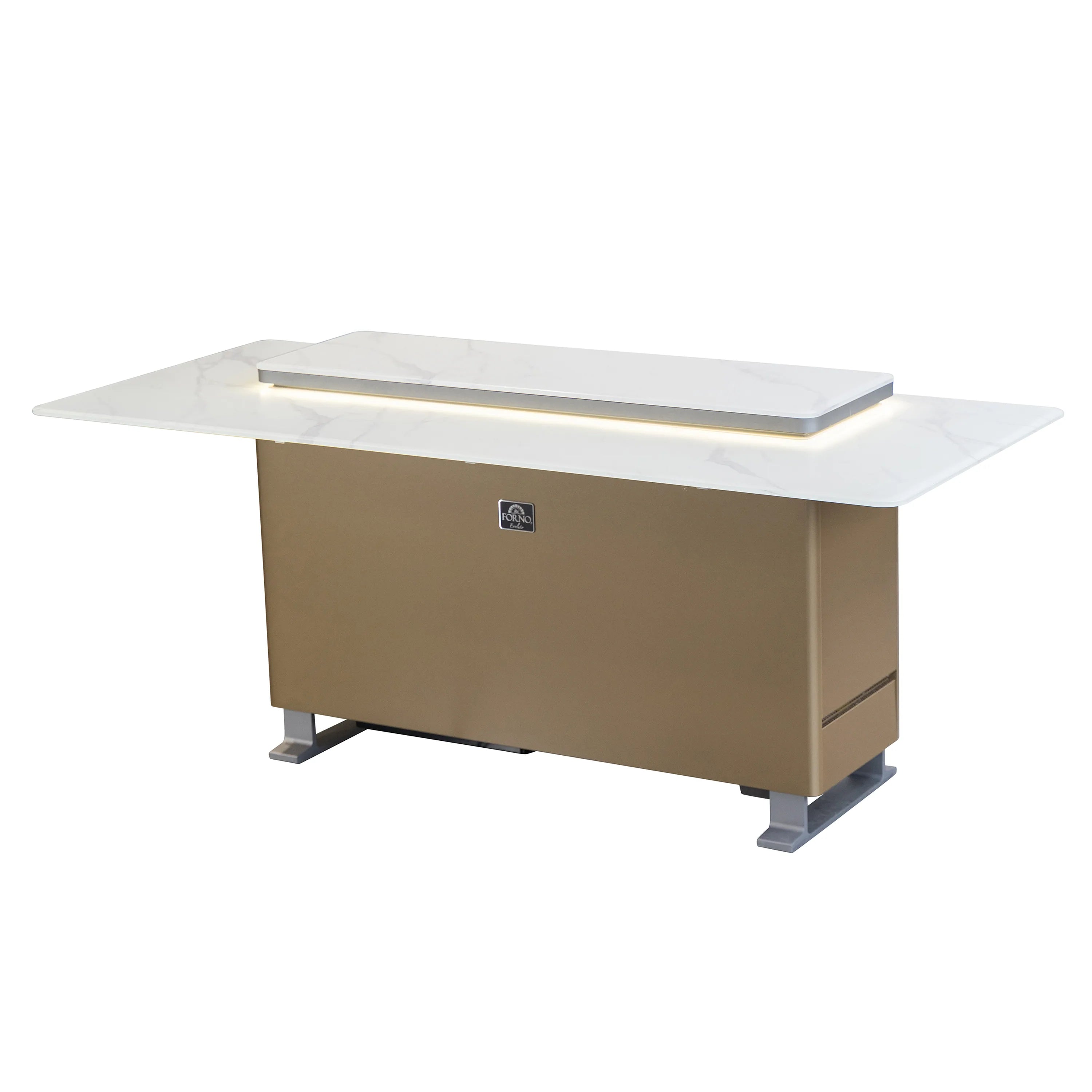 Smart bar table refrigerator with white lid open and bronze cabinet, side view