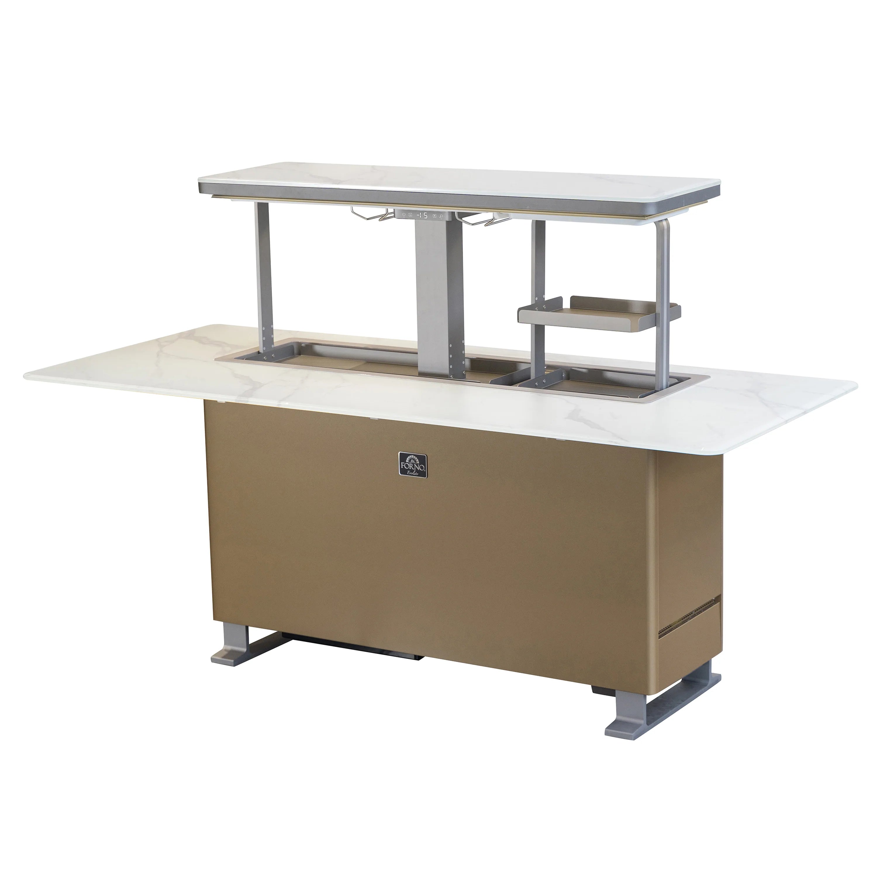 Smart bar table refrigerator with open white lids and exposed recessed interior