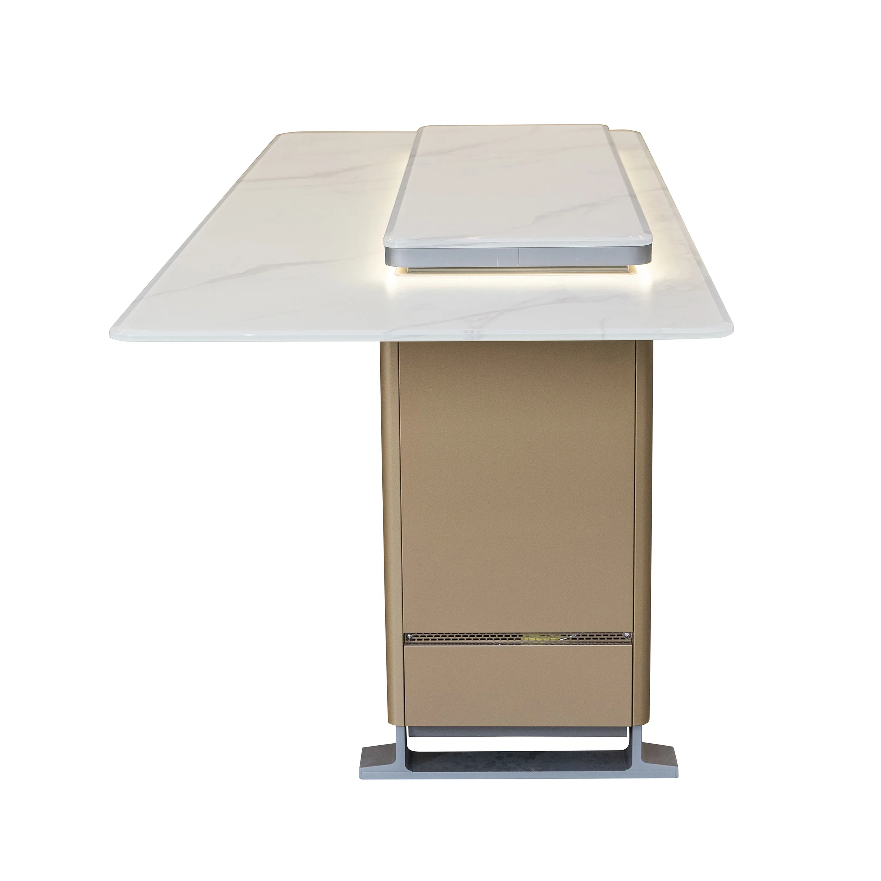Smart bar table refrigerator with white tabletop and closed front access door