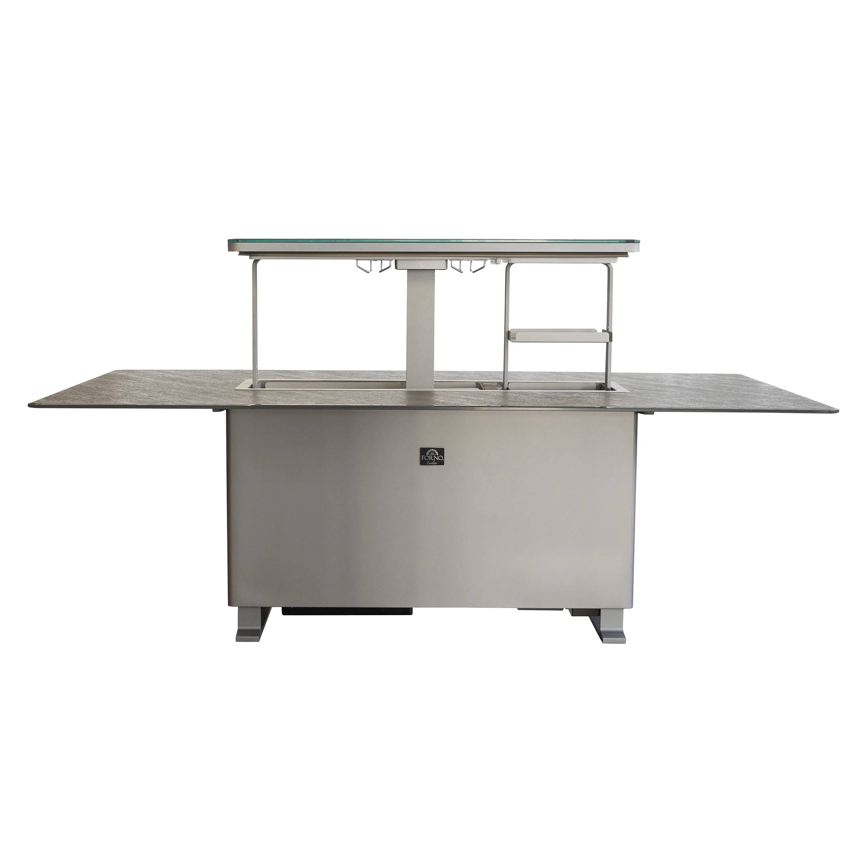 Outdoor dining table with open prep shelf, dark stone top, and stainless base