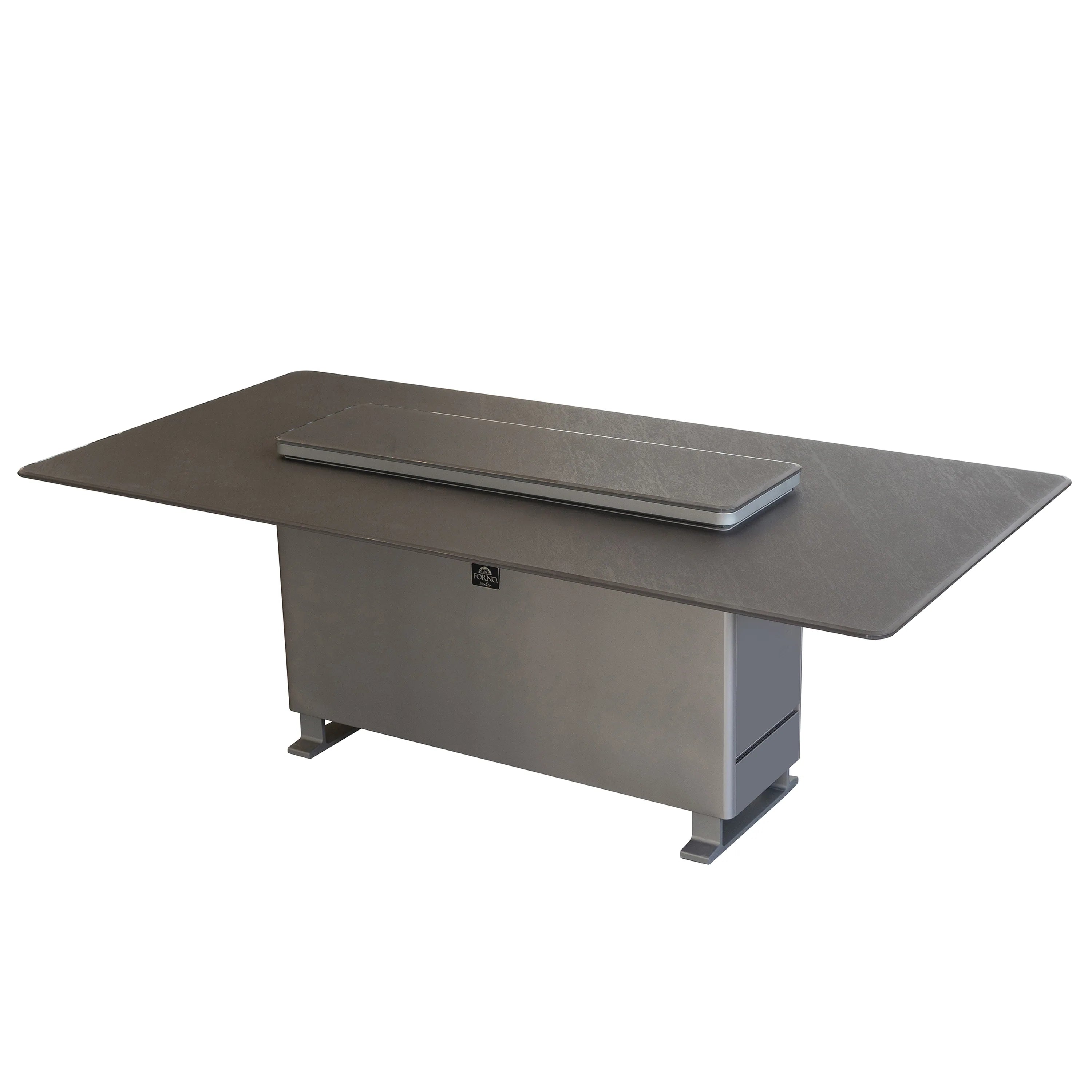 Outdoor dining table with dark stone top, rectangular warming tray, and cabinet