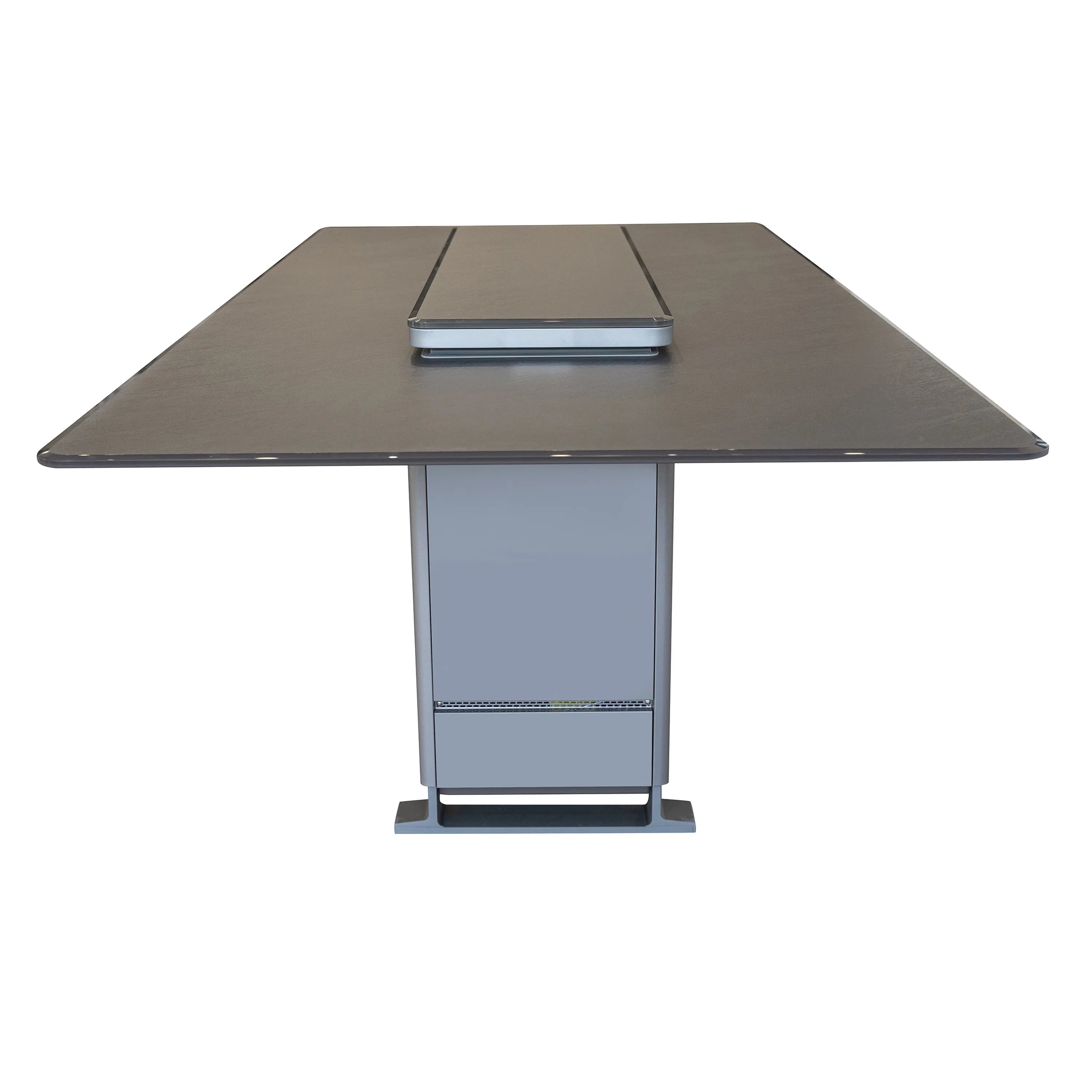 Smart dining table with dark tabletop and built-in lift panel