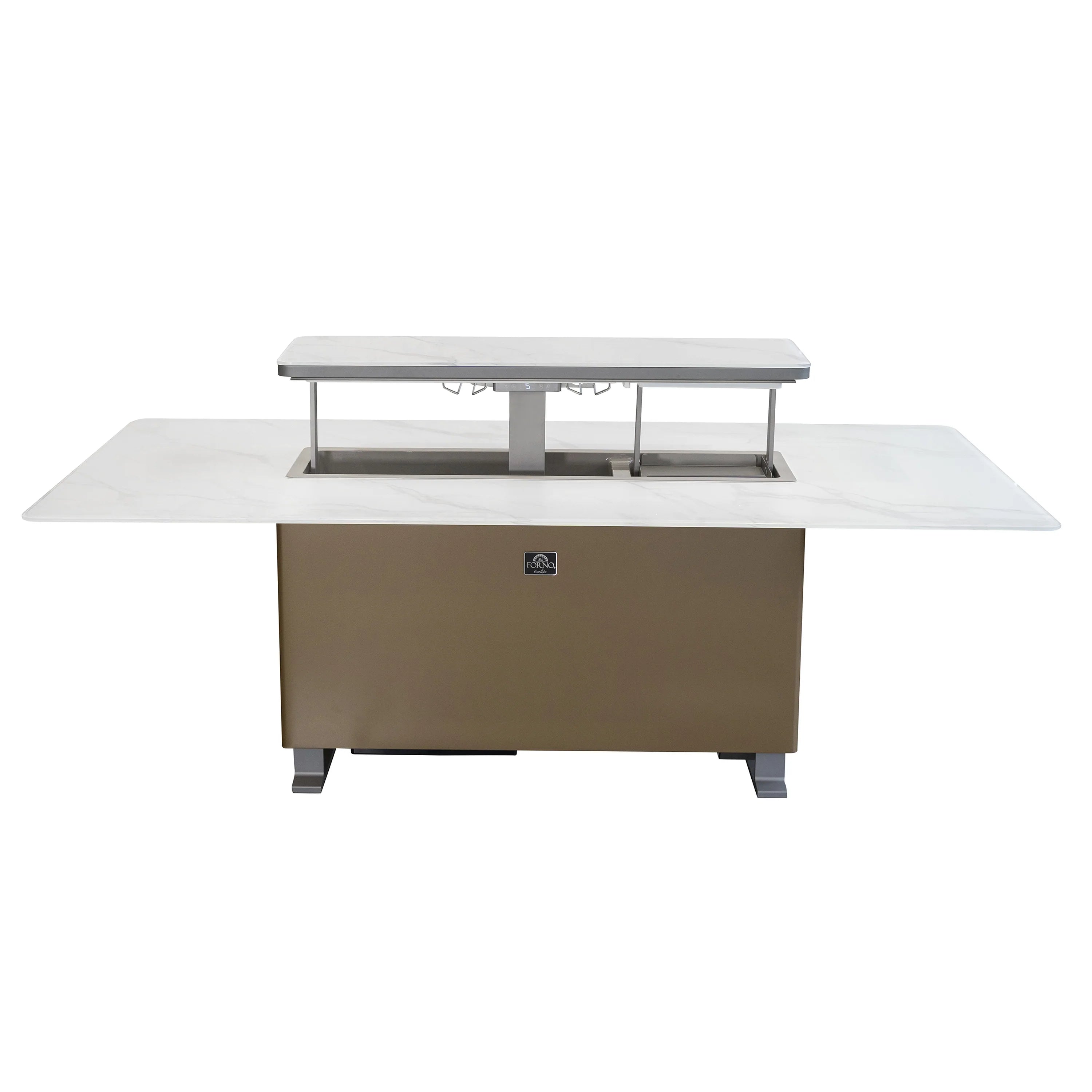 White smart dining table with open top compartment and closed refrigerator/freezer doors