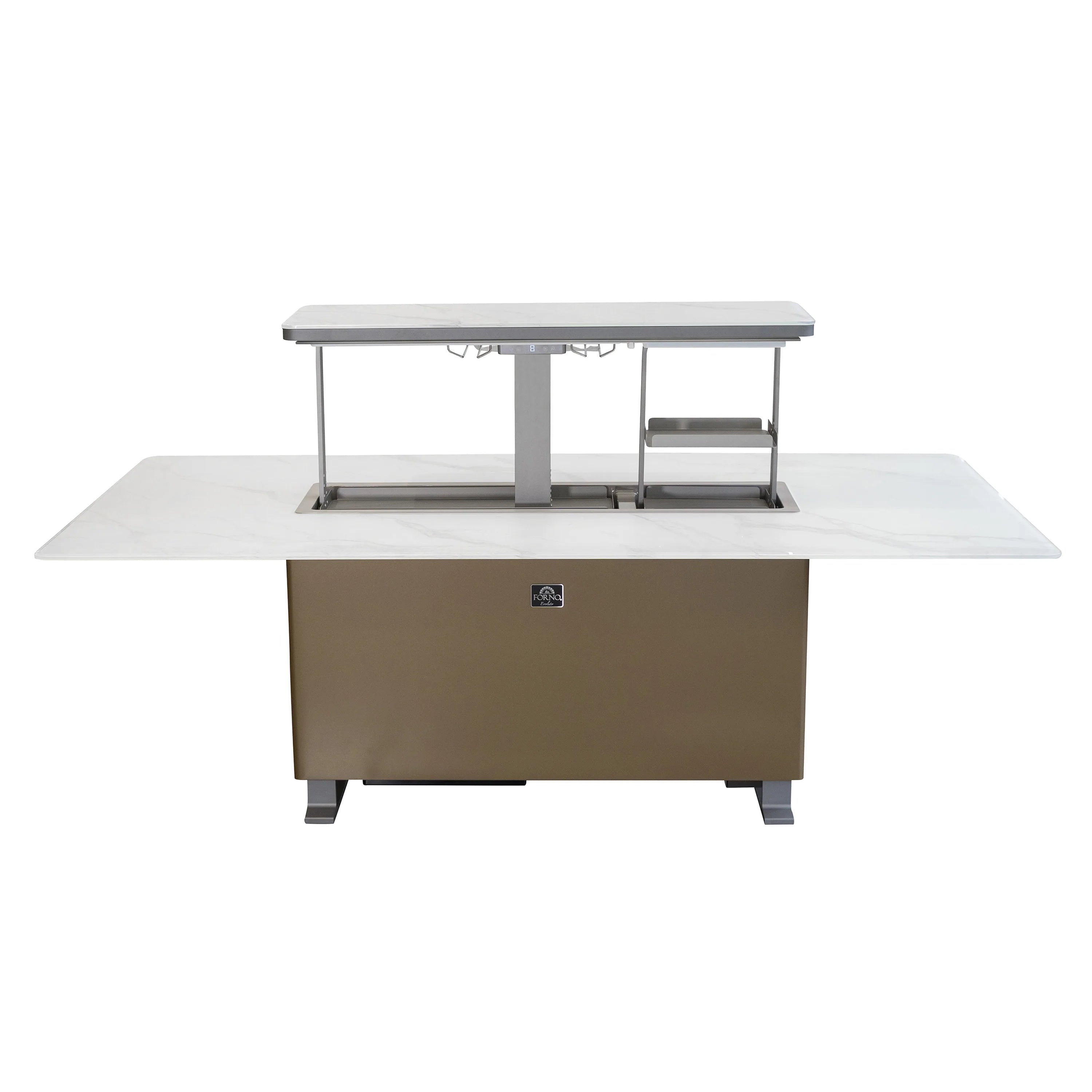Smart dining table with built-in refrigerator/freezer, glass top and open serving hatch