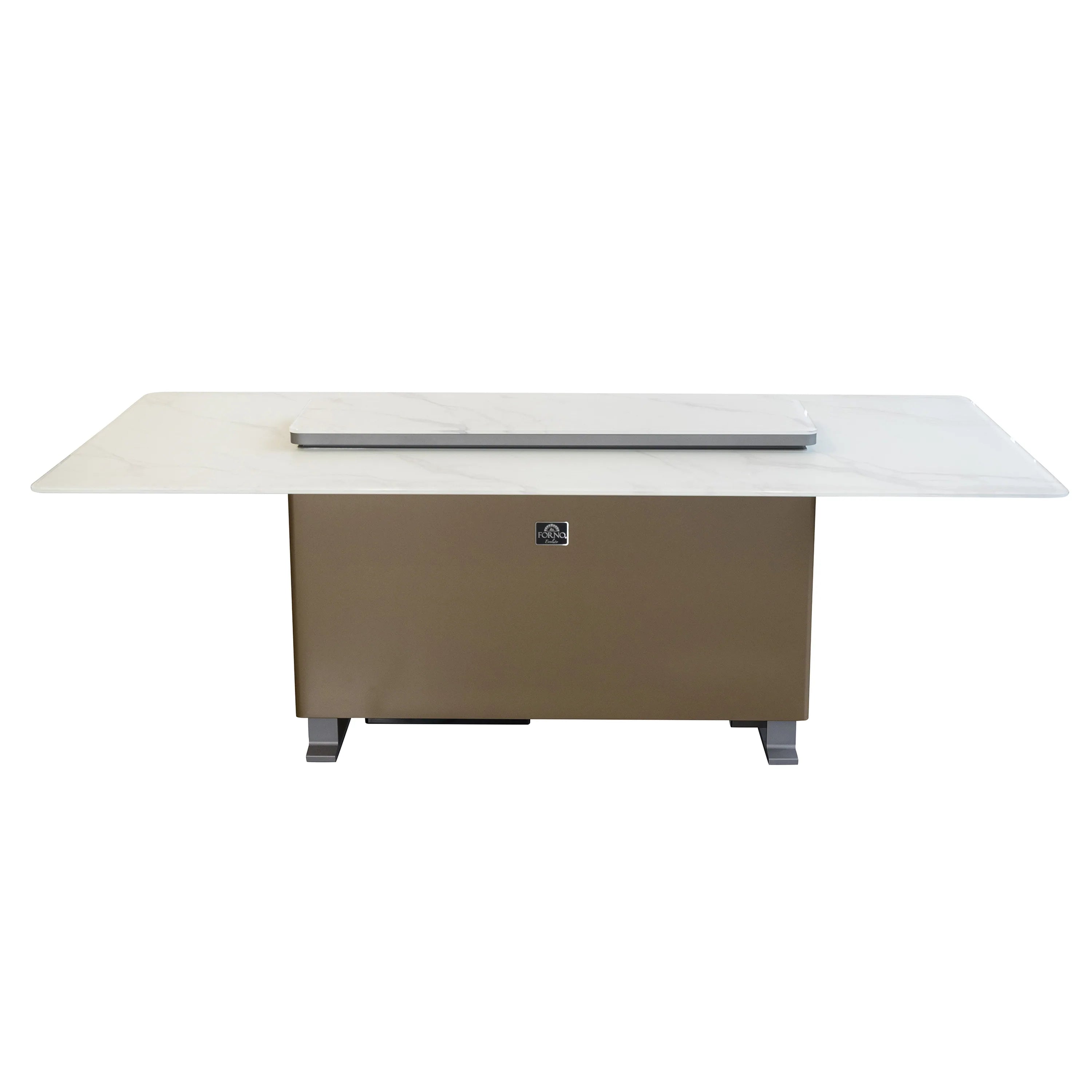 White smart dining table with closed refrigerator/freezer doors and top cover