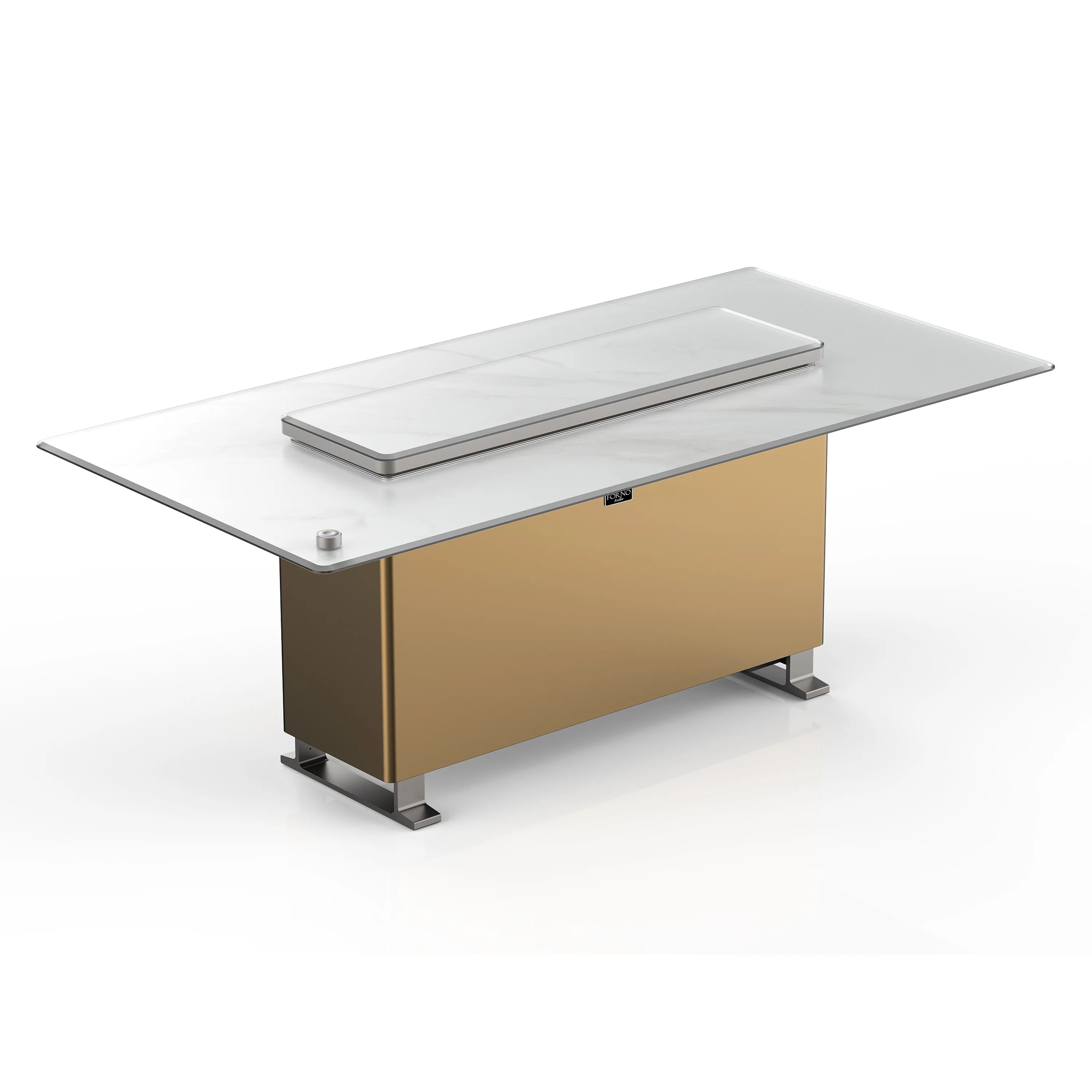 Smart dining table with built-in refrigerator/freezer, glass top with front access panel