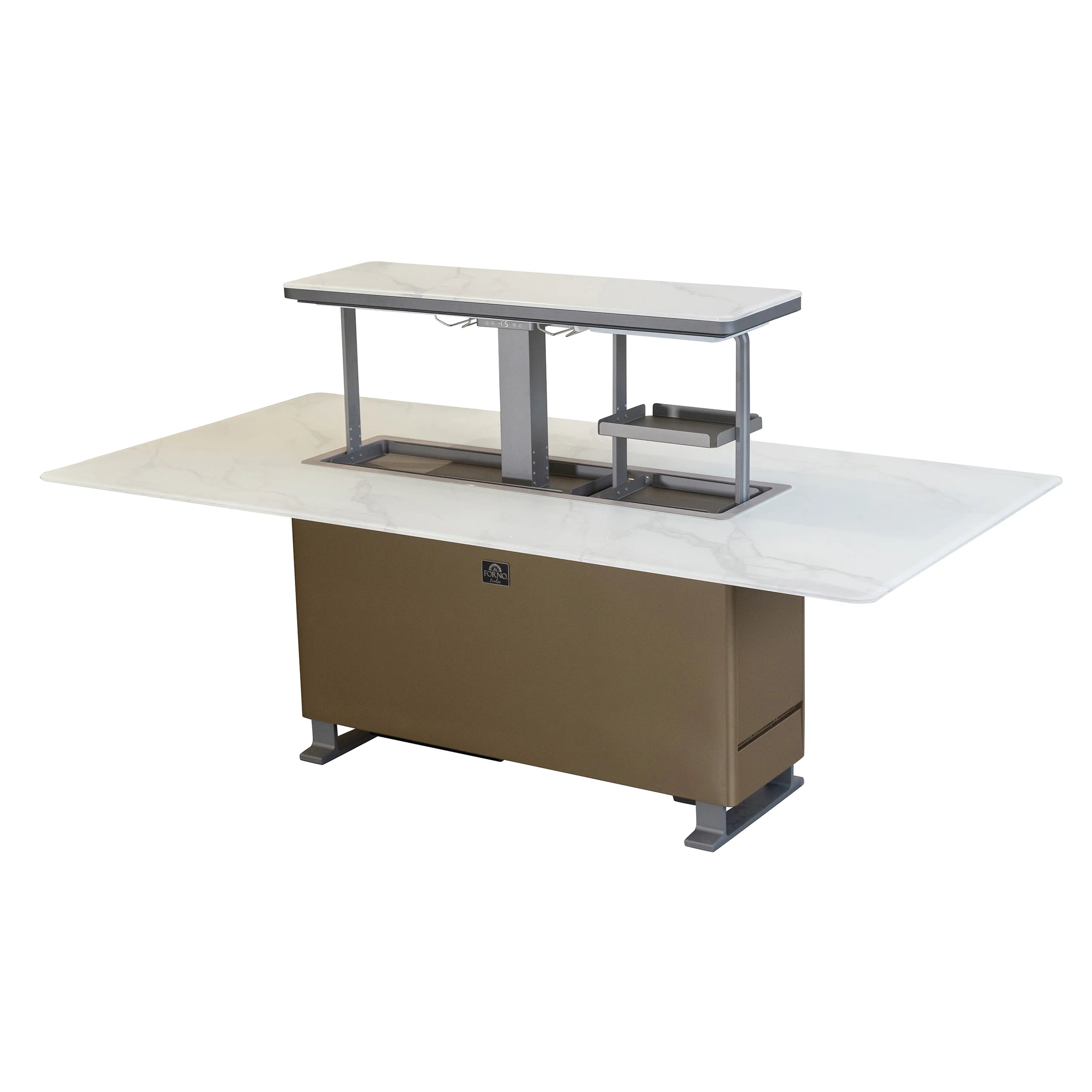 Smart dining table with built-in refrigerator/freezer, open center hatch with two glass surfaces