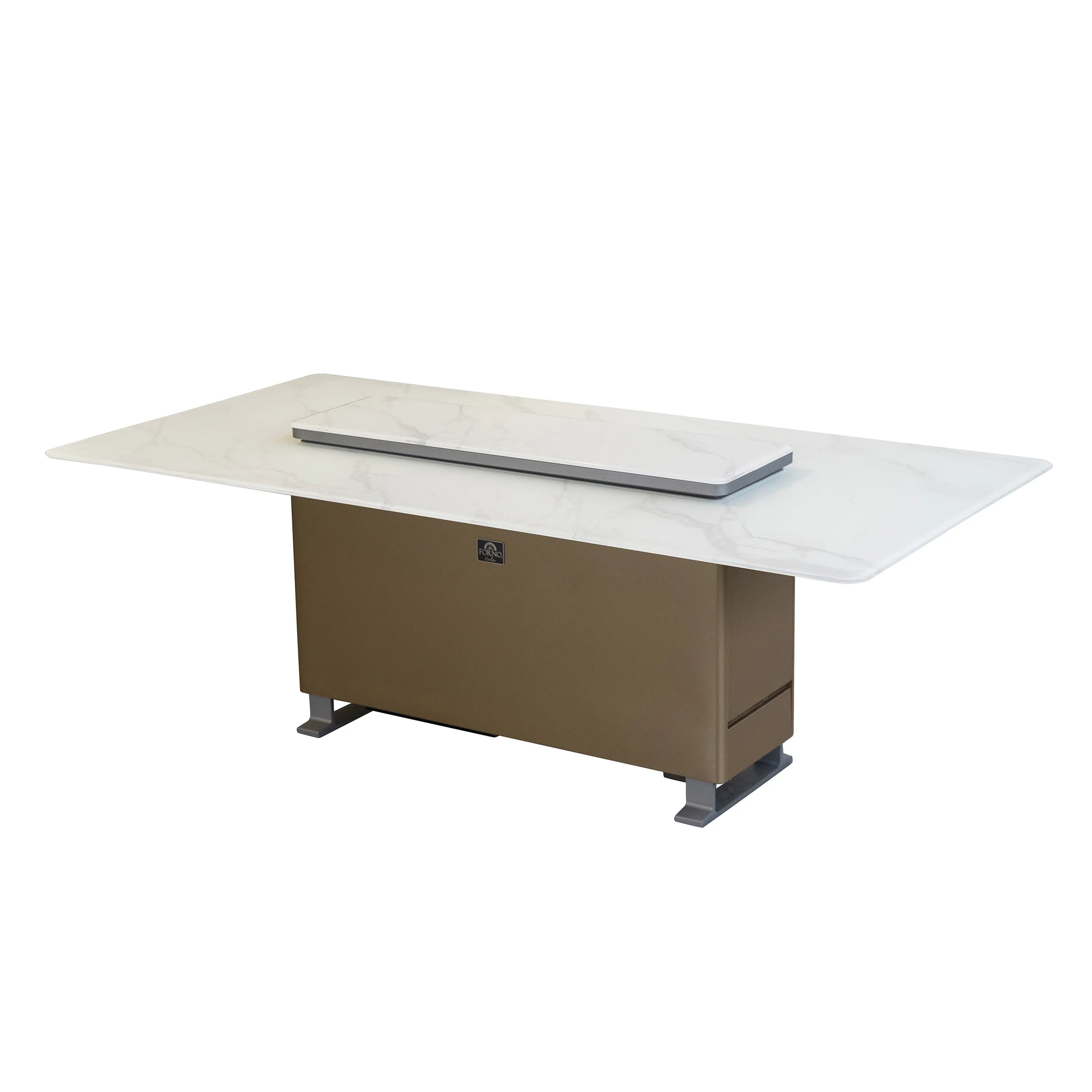 Smart dining table with white marble-look top and dark base with cabinet doors