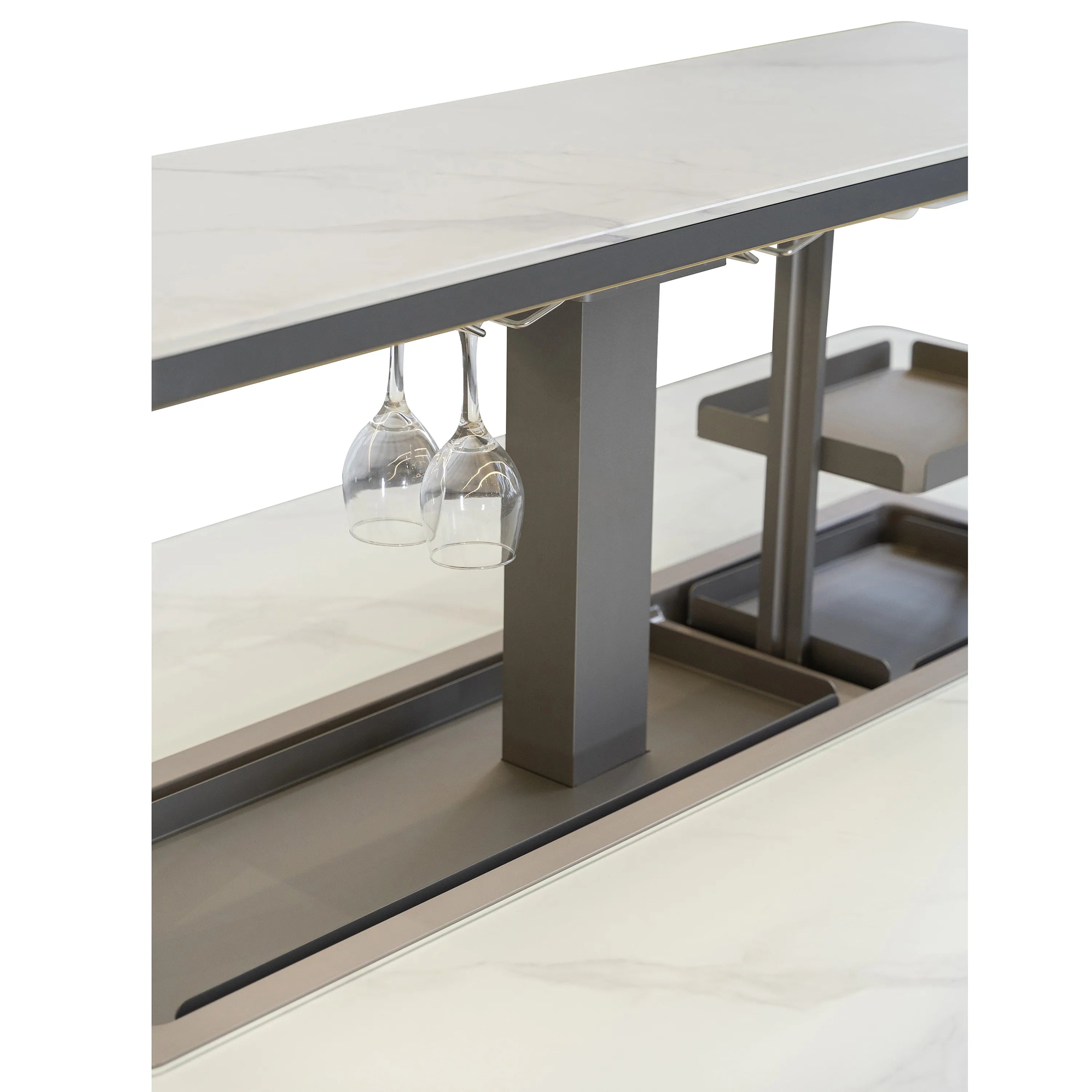 White smart dining table interior with metal racks and hanging glass holders