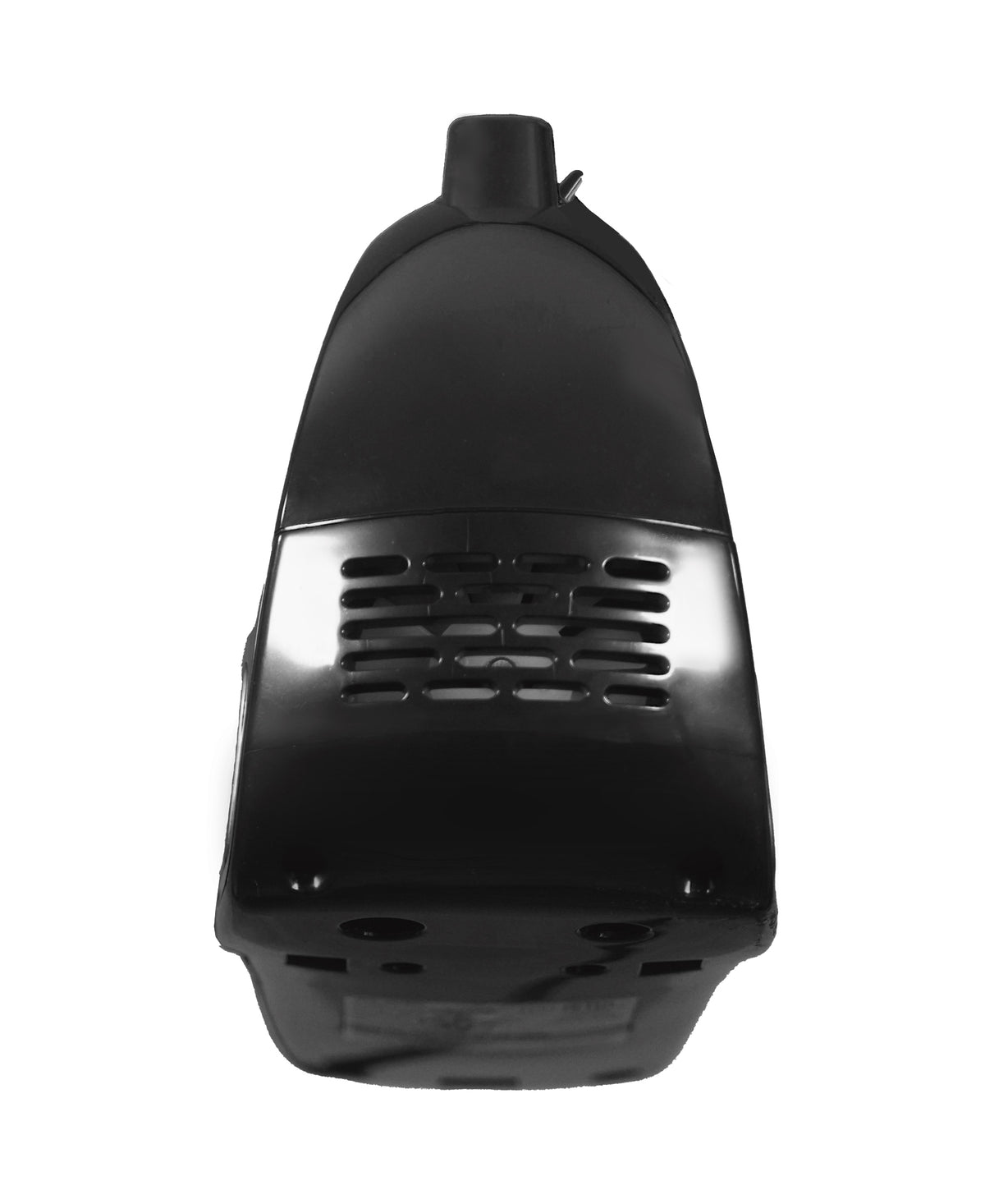 Black hand mixer with rear vent grille and stand.