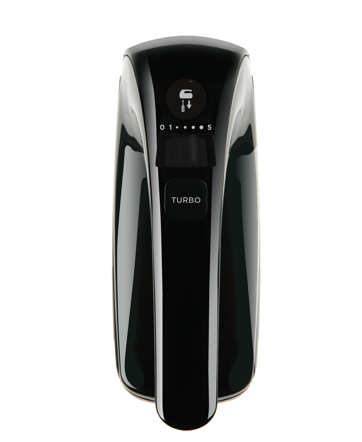 Black and silver hand mixer with turbo label and speed controls on top.