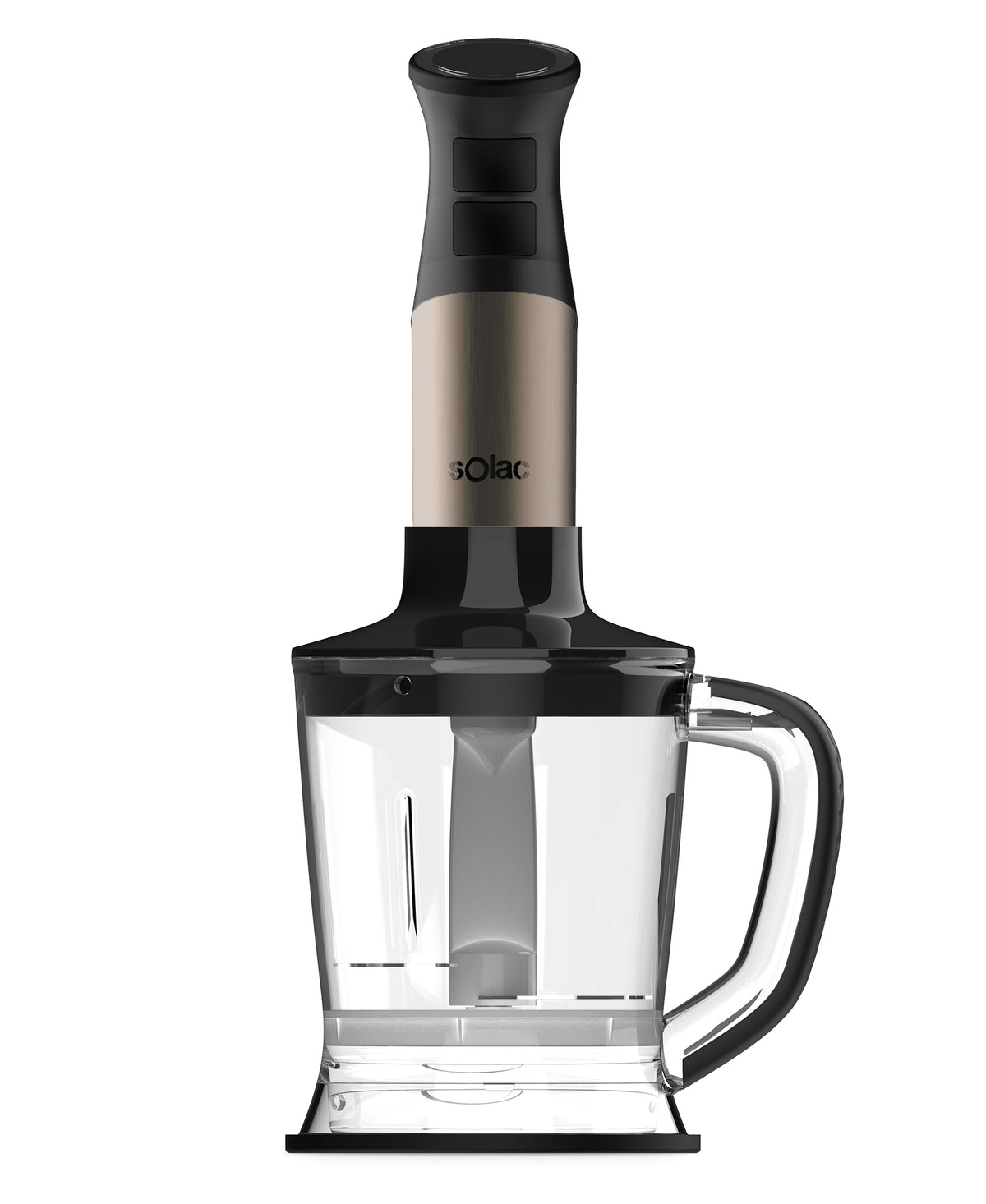 Black and stainless steel hand blender with blending shaft and safety feet