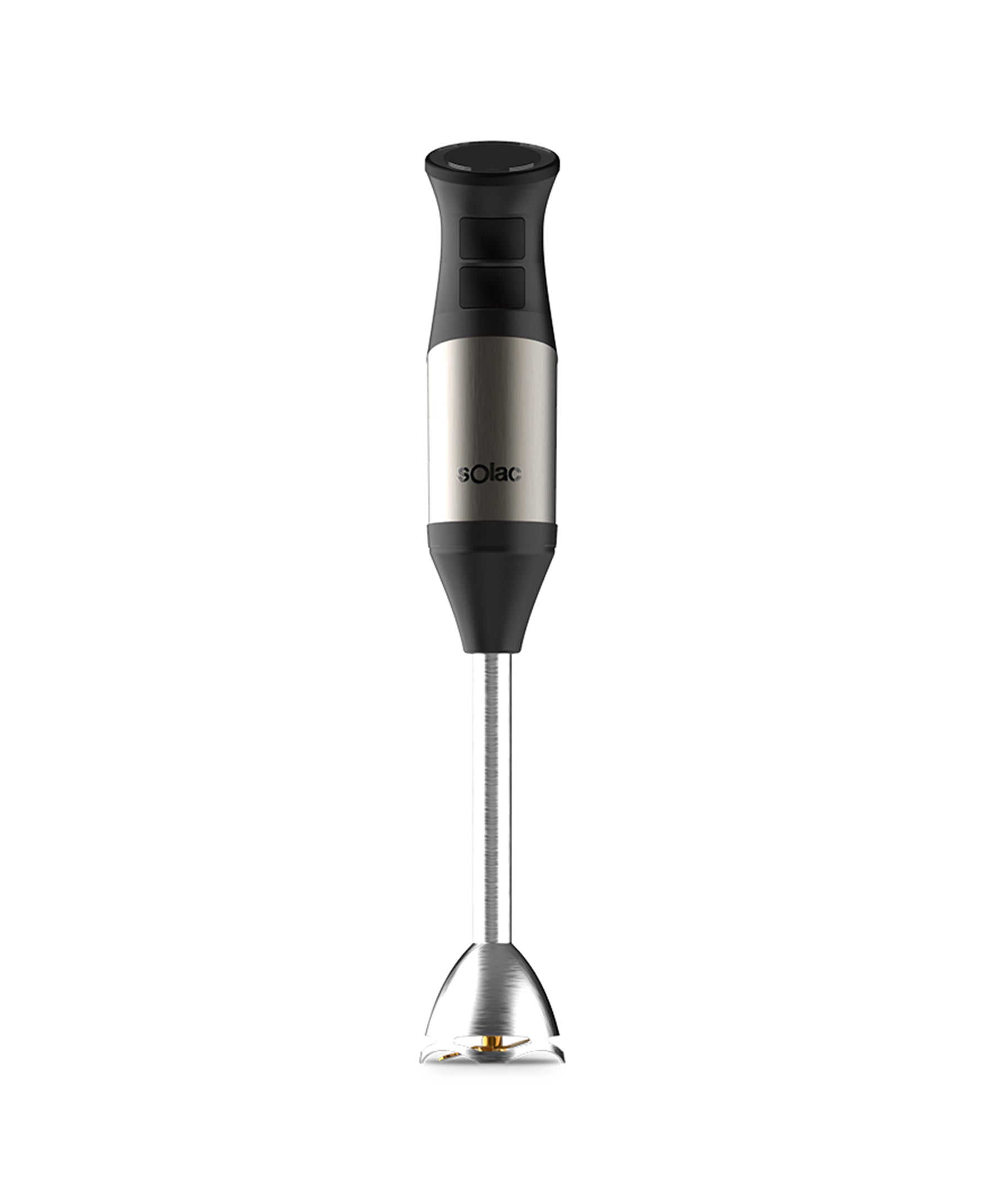 Black and stainless steel hand blender with immersion blending shaft